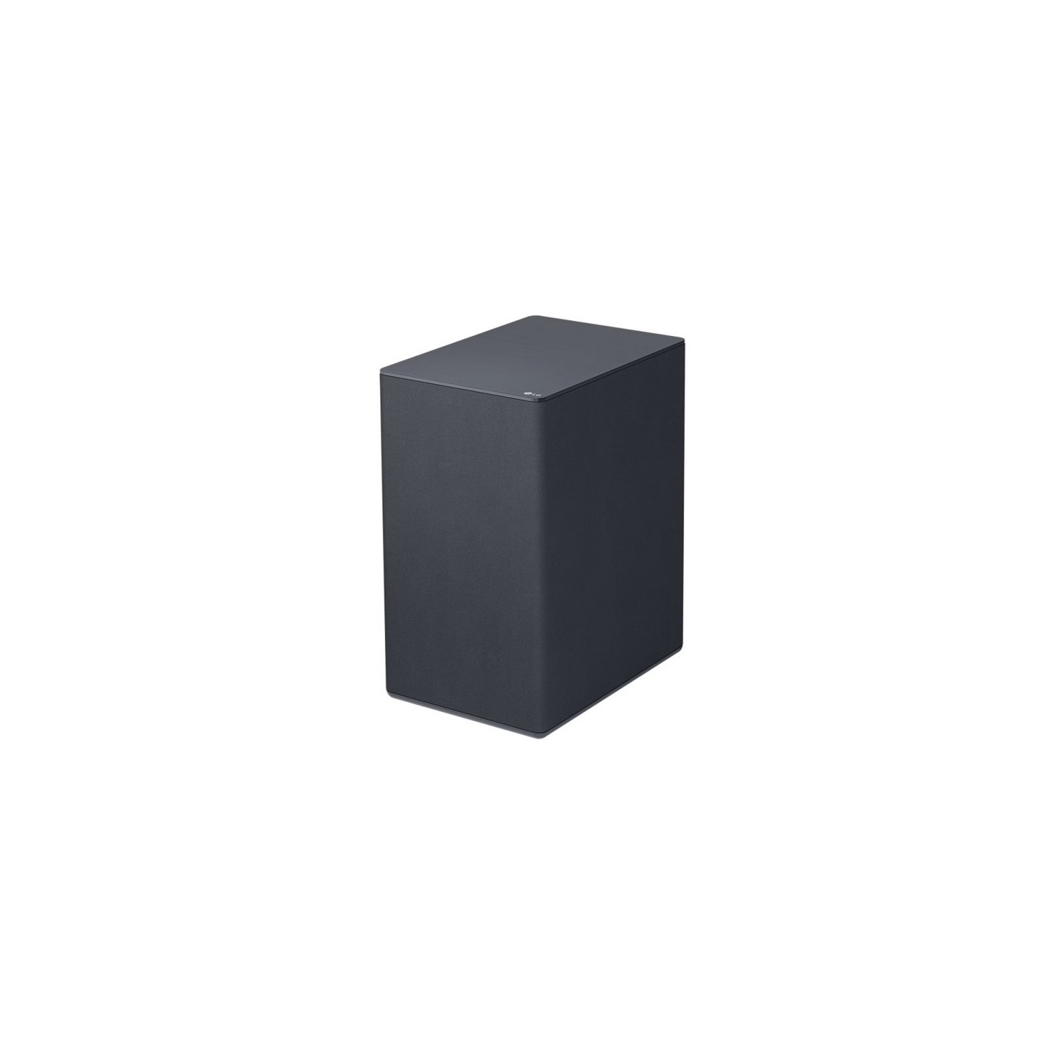 Un caisson de basses rectangulaire gris foncé sur fond blanc. Il a un dessus plat et une surface texturée.