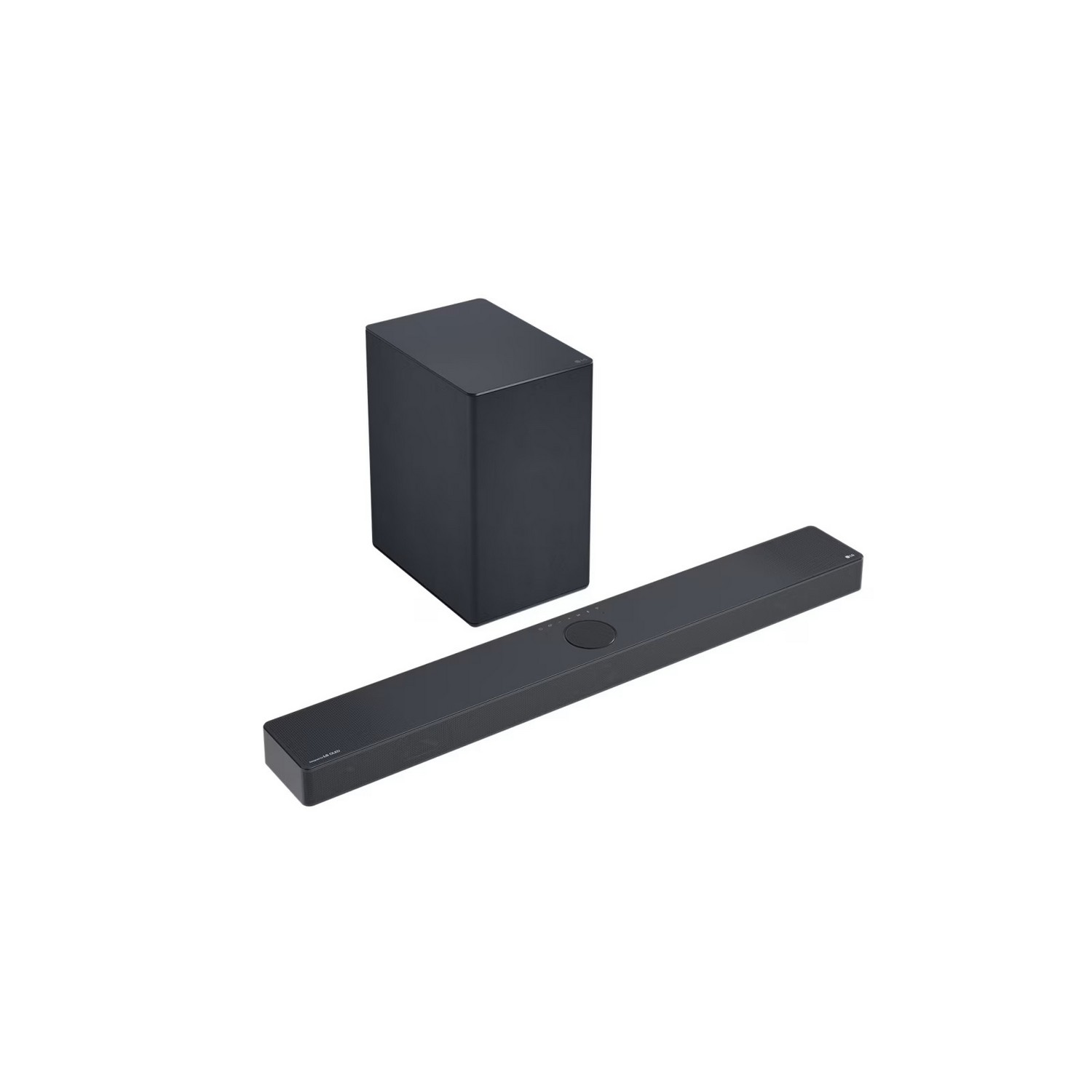 Une barre de son et un caisson de basses noirs sur fond blanc. La barre de son est rectangulaire, le caisson un cube.