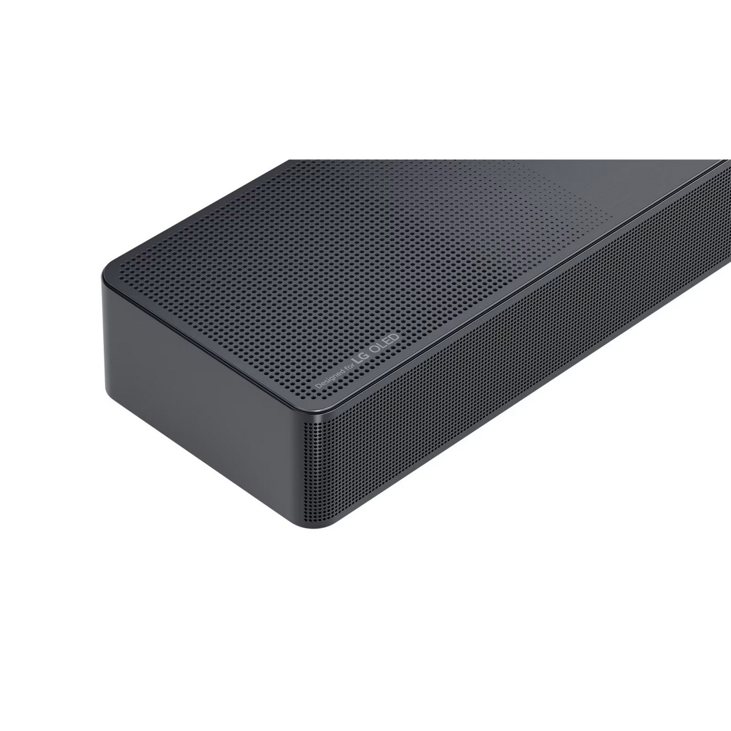 Une barre de son noire avec une surface perforée. Le logo LG OLED est visible. Le fond est blanc.