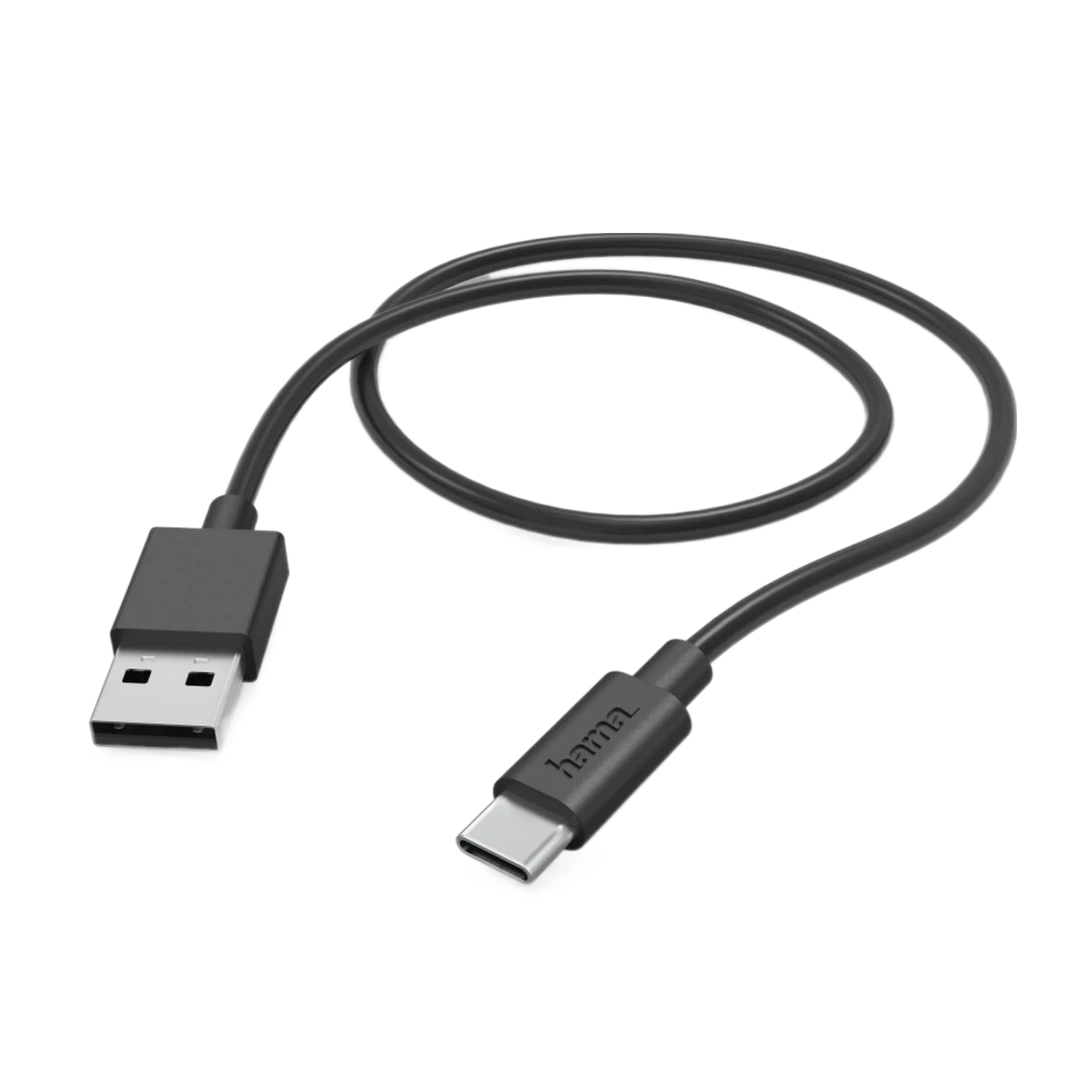 Zwarte USB naar USB-C kabel, opgerold. Eén uiteinde heeft USB, de andere USB-C.