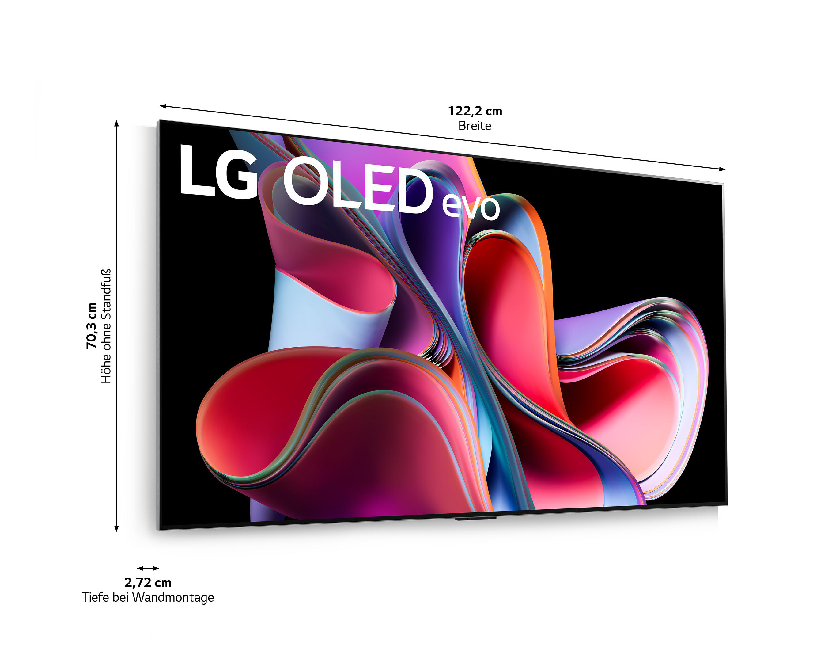 LG OLED evo TV, Seitenansicht. Zeigt Abmessungsdetails: 122,2 cm Breite, 70,3 cm Höhe. Dünner Rahmen, schwarzer Bildschirm, weißer Hintergrund.