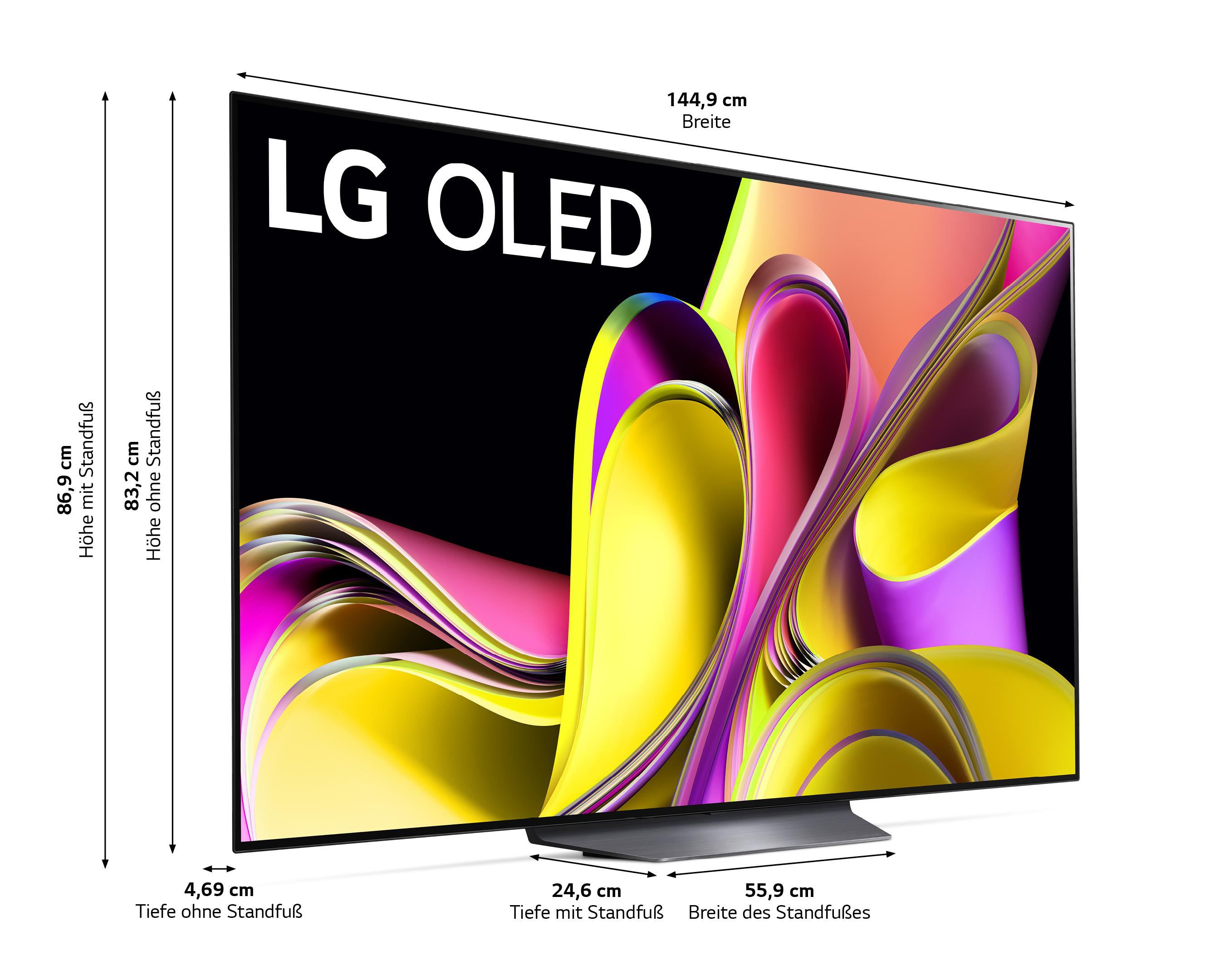 Ein LG OLED-Fernseher mit Abmessungen. Der Bildschirm zeigt ein farbenfrohes abstraktes Design.