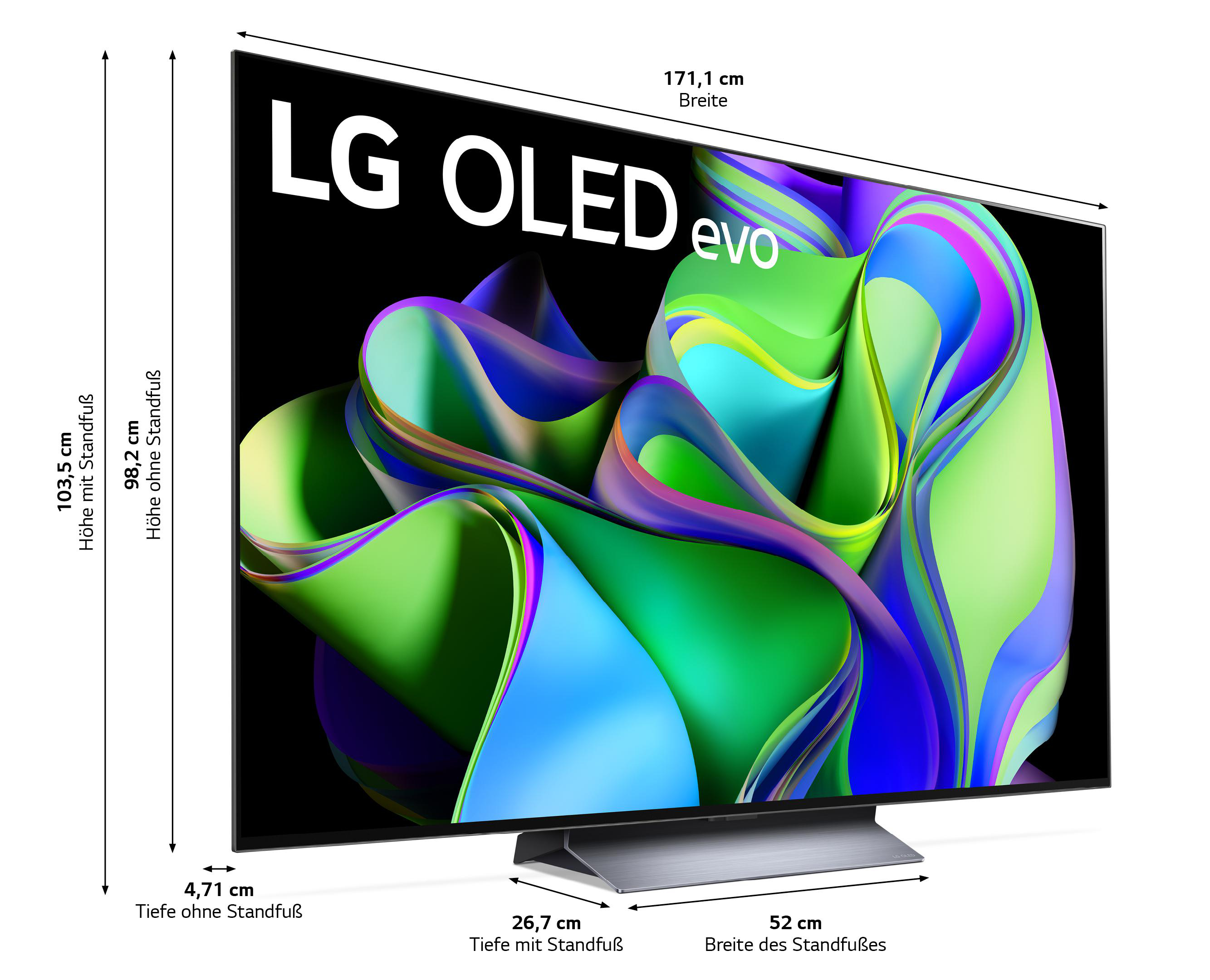 Ein LG OLED Evo-Fernseher mit beschrifteten Abmessungen. Es steht auf einem Ständer mit farbenfroher, abstrakter Anzeige.