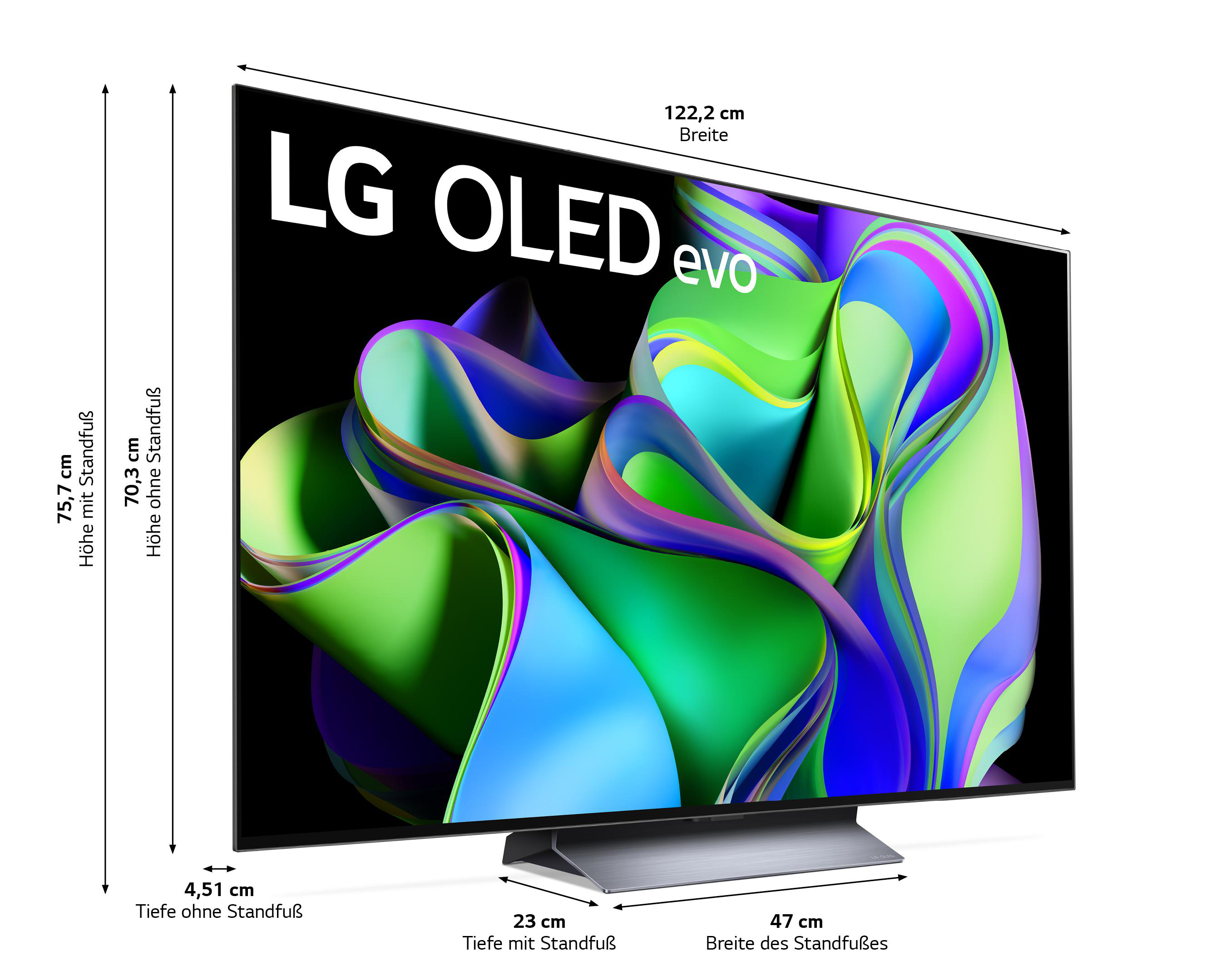 LG OLED evo TV mit angegebenen Abmessungen, vor weißem Hintergrund.