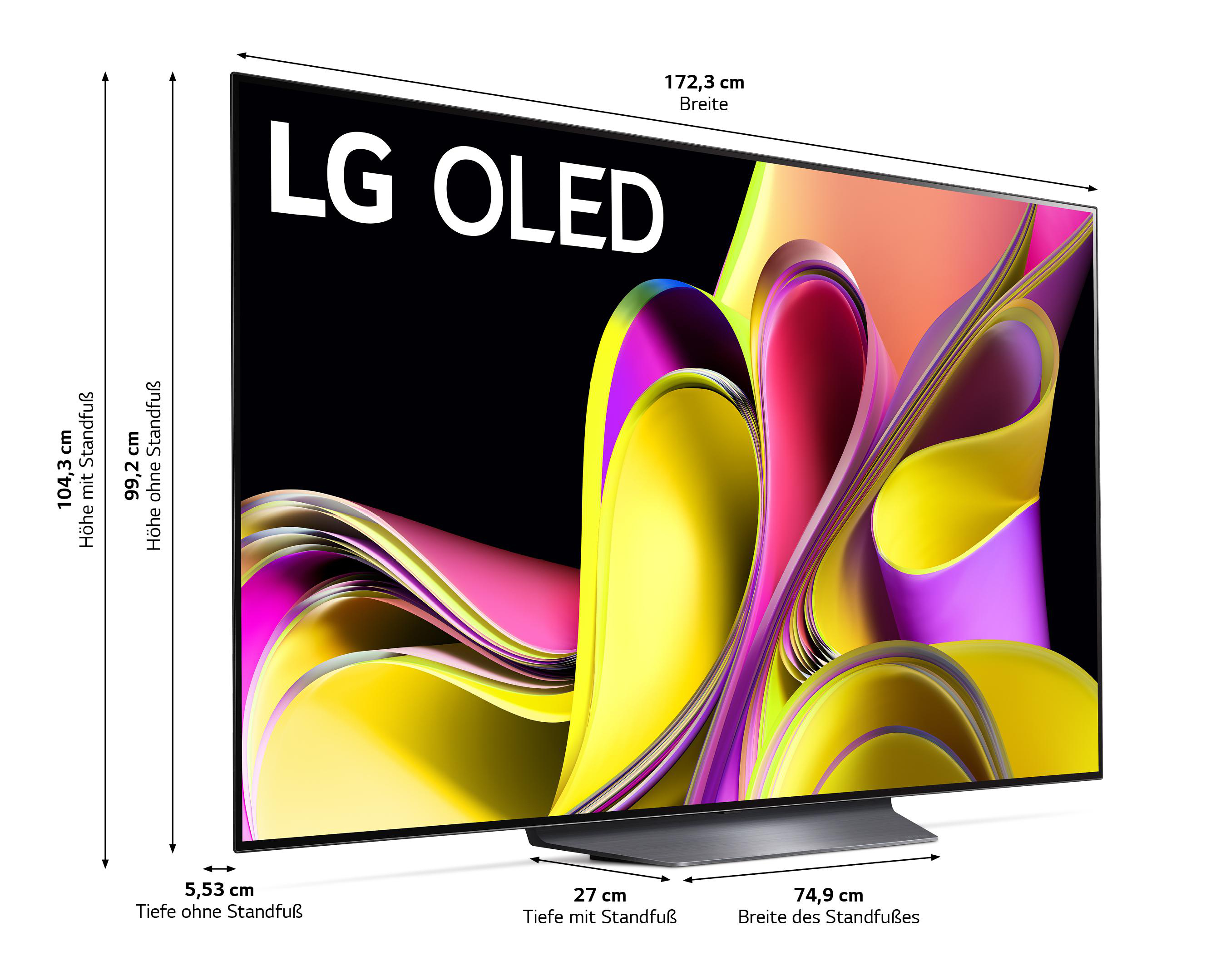 LG OLED TV, ein schwarz gerahmter Bildschirm mit Abmessungen in cm. 172,3 cm breit, 104,3 cm hoch.