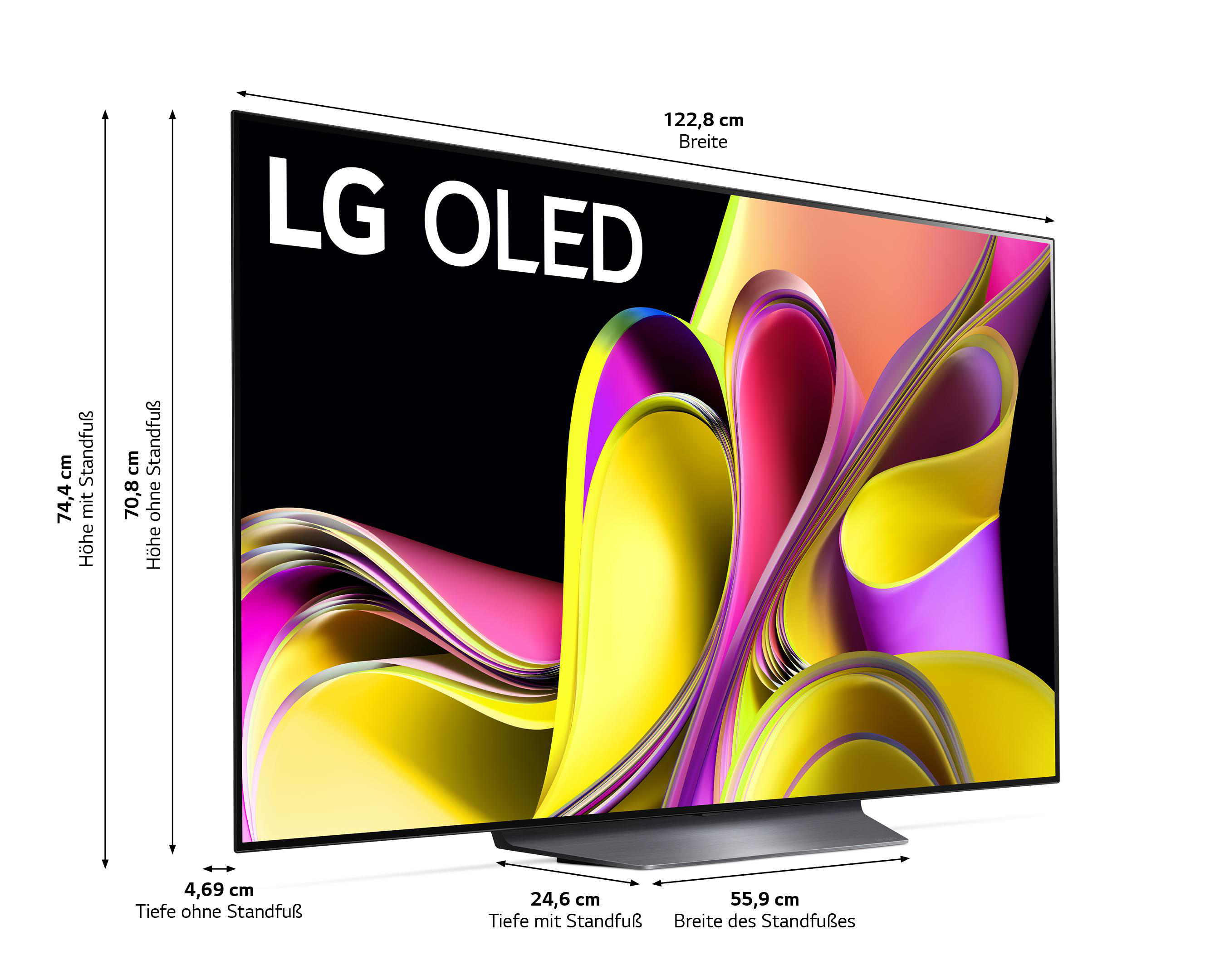 LG OLED TV, zeigt Abmessungen, großer Bildschirm, Abmessungen in Zentimetern.