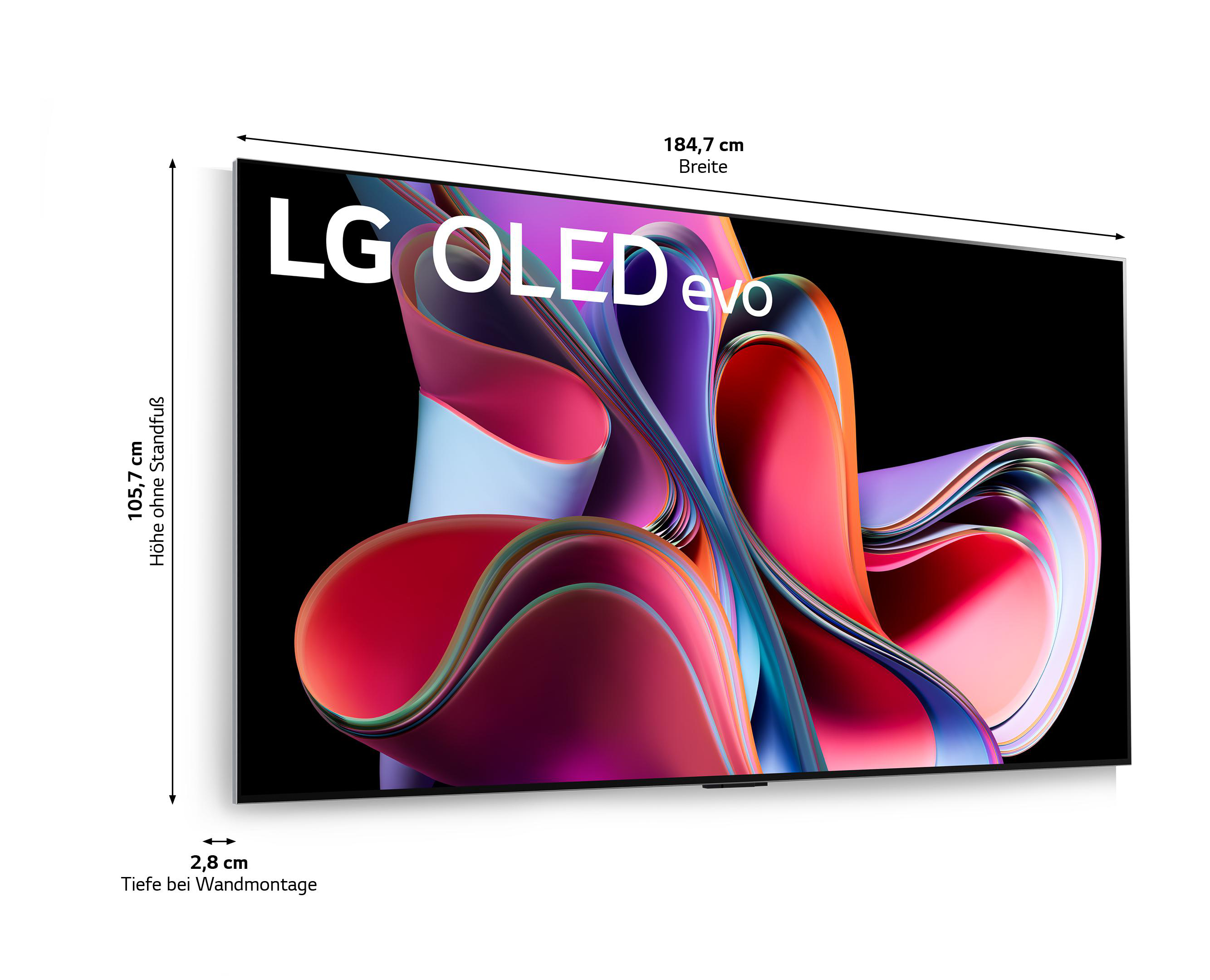 Ein LG OLED evo TV mit angezeigten Abmessungen. Der Bildschirm zeigt bunte abstrakte Kunst.