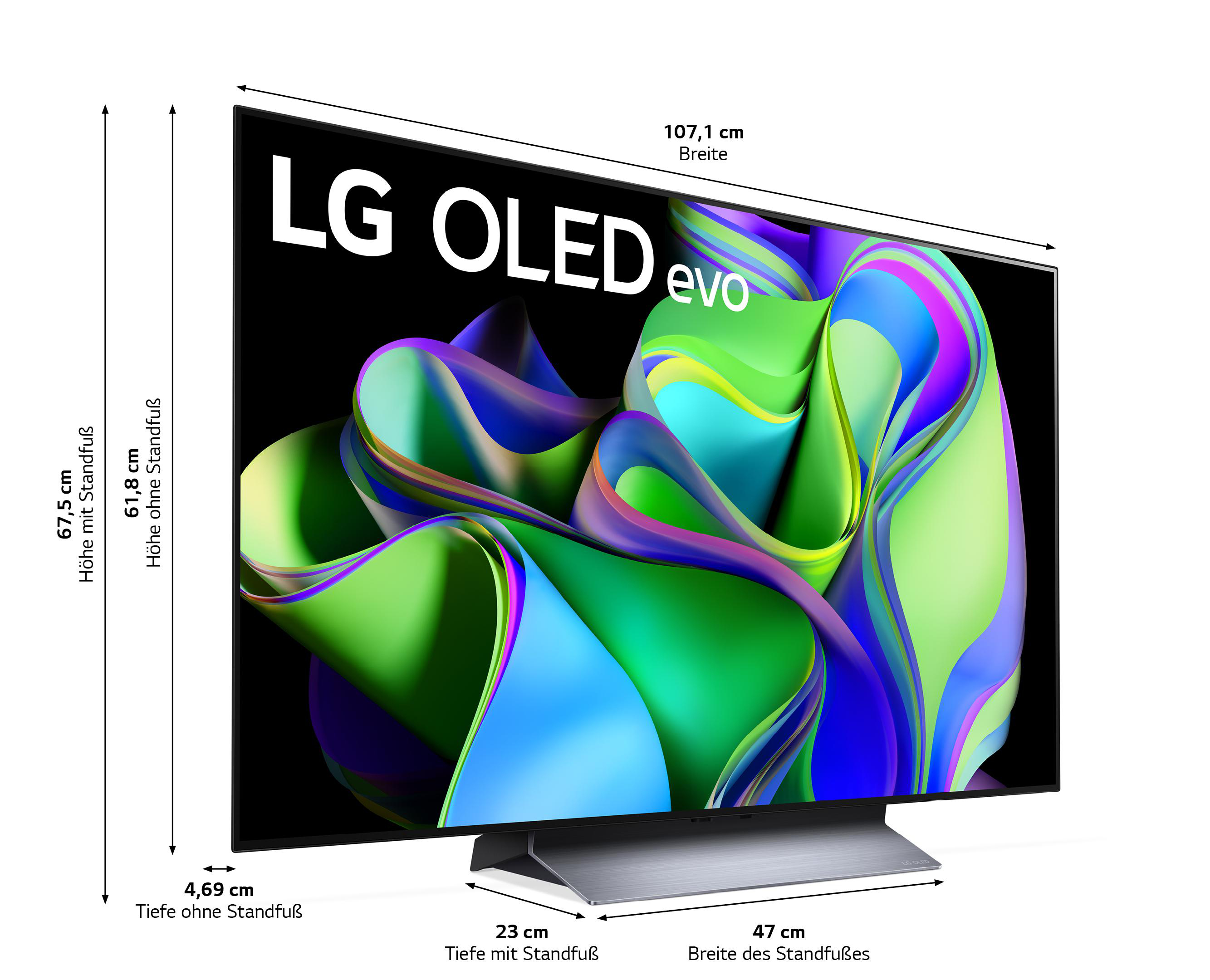 Ein LG OLED evo TV mit bunter abstrakter Kunst. Abmessungen sind an der Seite beschriftet.