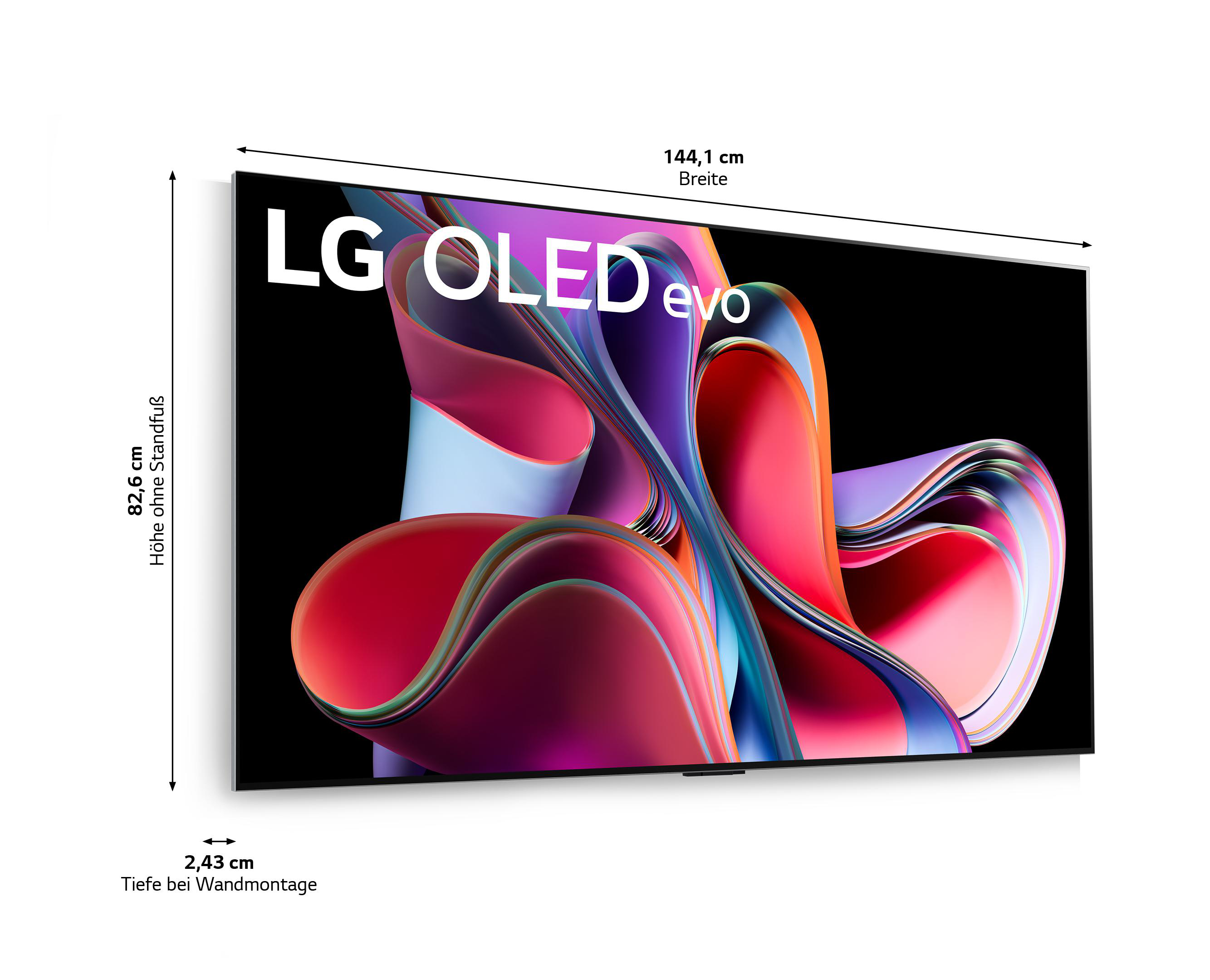 Großer LG OLED evo TV auf weißem Hintergrund, mit Maßen.