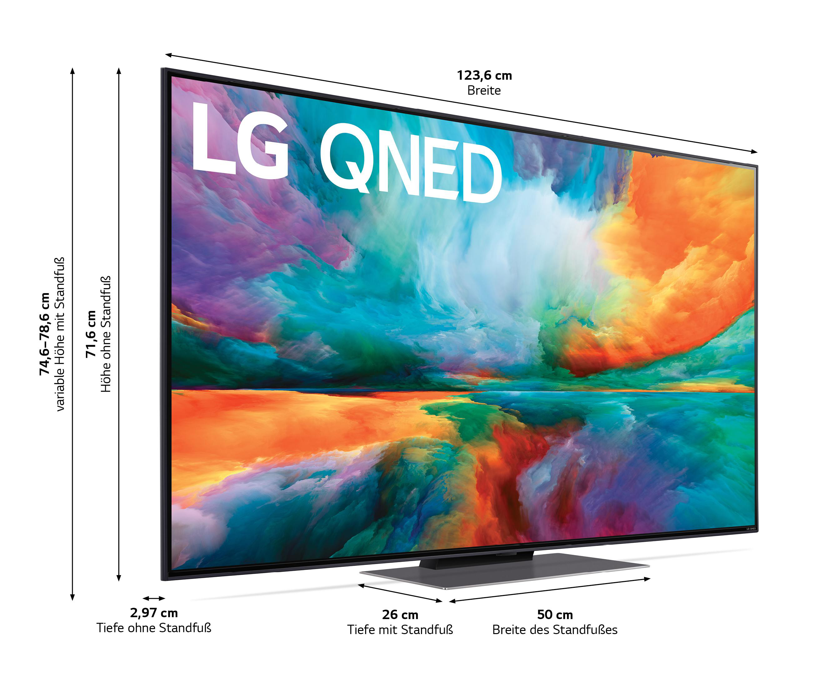 Ein LG QNED-Fernseher mit beschrifteten Abmessungen. Es steht auf einem Ständer mit farbenfroher, abstrakter Anzeige.
