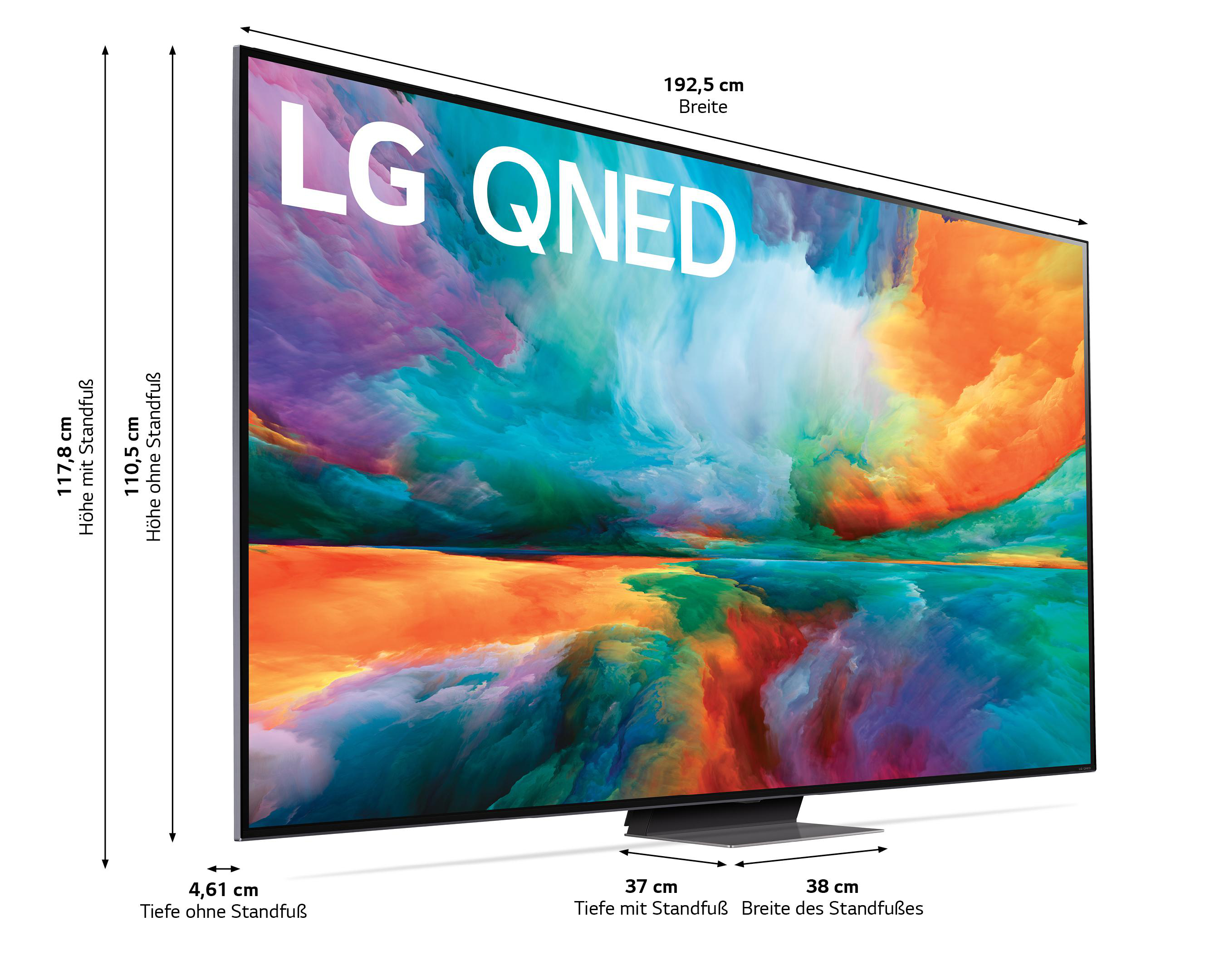 LG QNED Fernseher, Abmessungen: Höhe 117,8 cm, Breite 192,5 cm, Tiefe 4,61 cm.