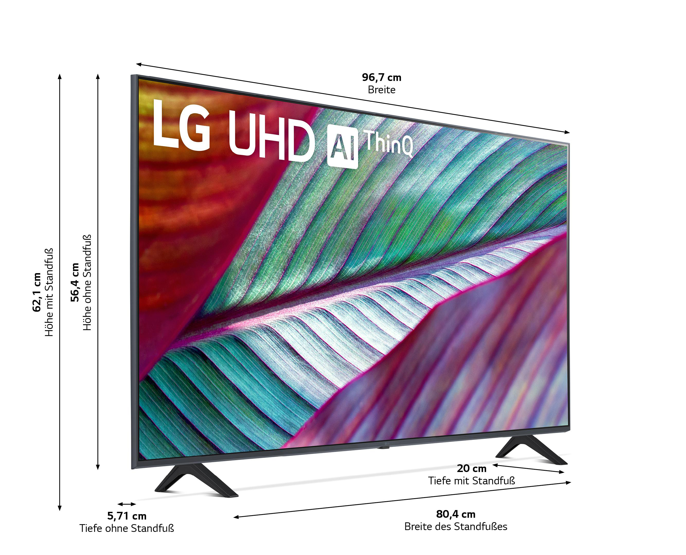 Seitenansicht eines großen LG UHD AI ThinQ TVs, Abmessungen werden angezeigt. Blattmuster auf dem Bildschirm.