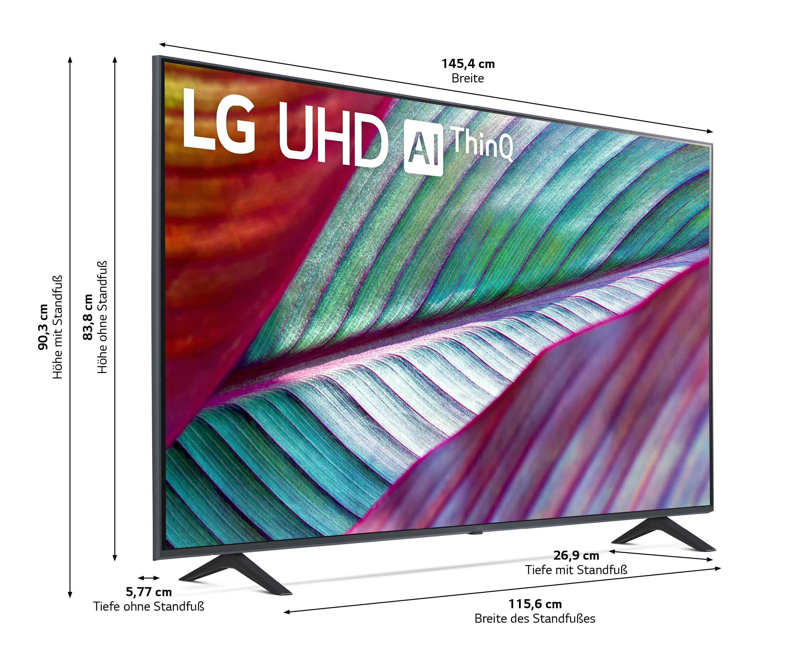 Ein großer LG UHD AI ThinQ Fernseher, schräge Ansicht, zeigt den Bildschirm mit bunten Abstrakt.