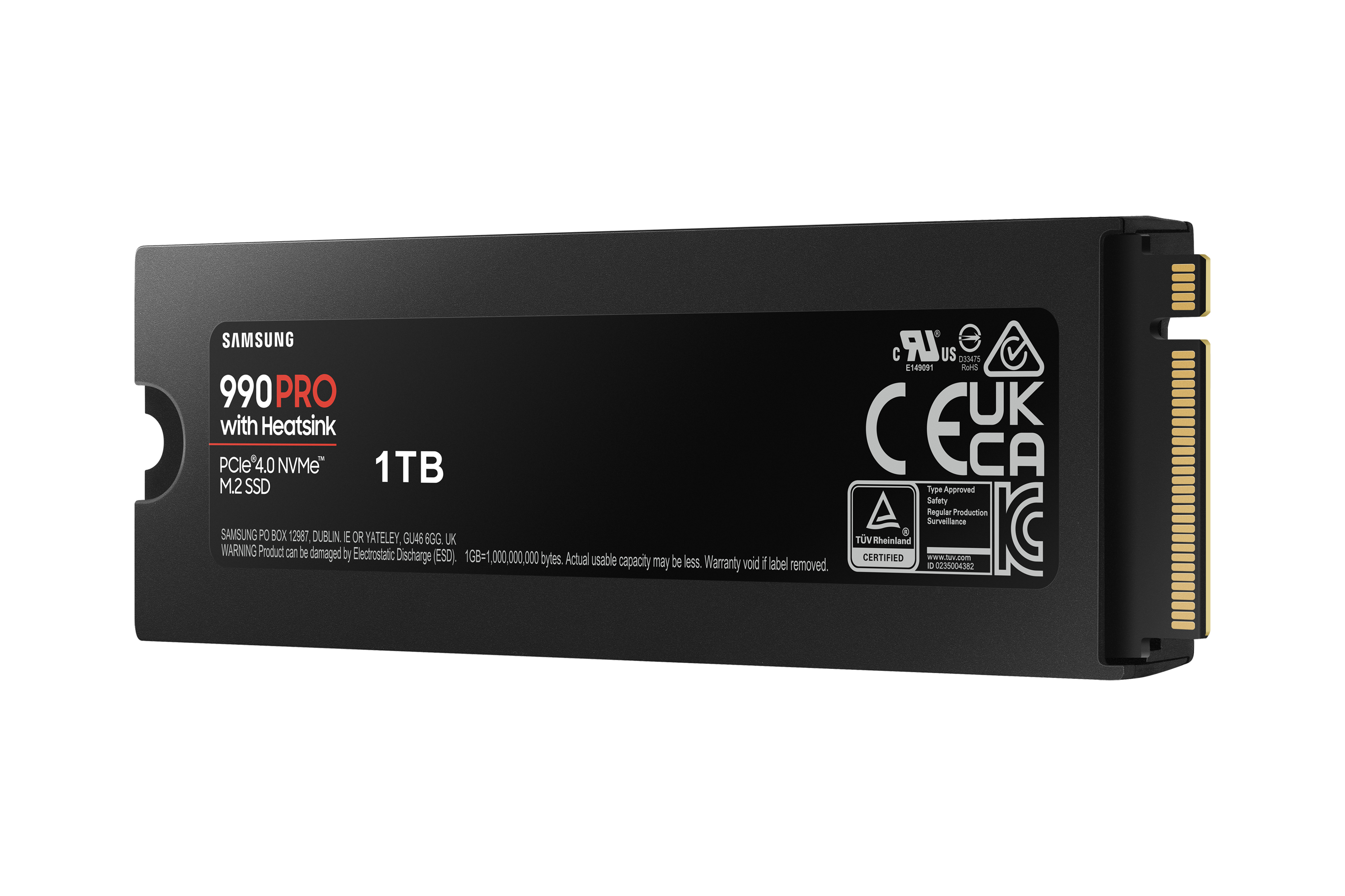 Disco SSD negro con texto blanco Samsung y 990 PRO. Tiene un conector metálico.