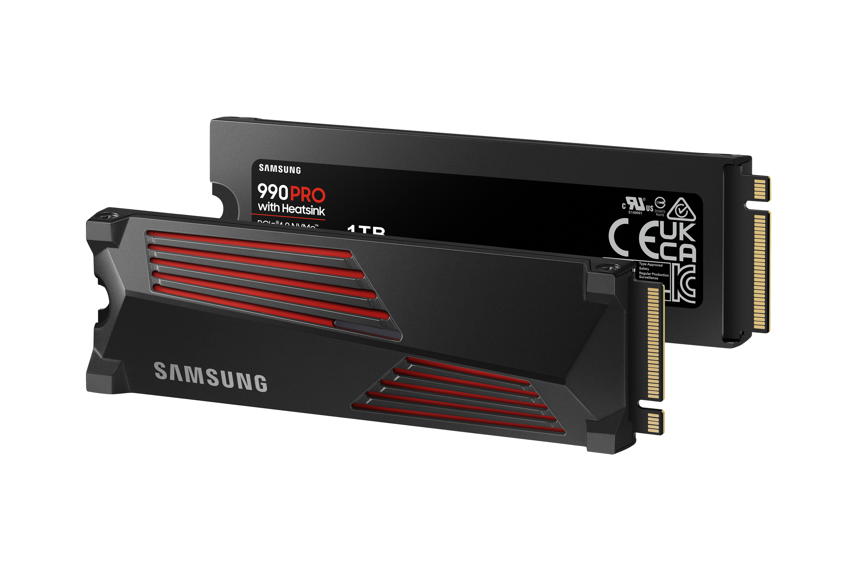 Dos SSD Samsung 990 PRO negros. Uno con disipador de calor, ambos con detalles rojos y fondo blanco.