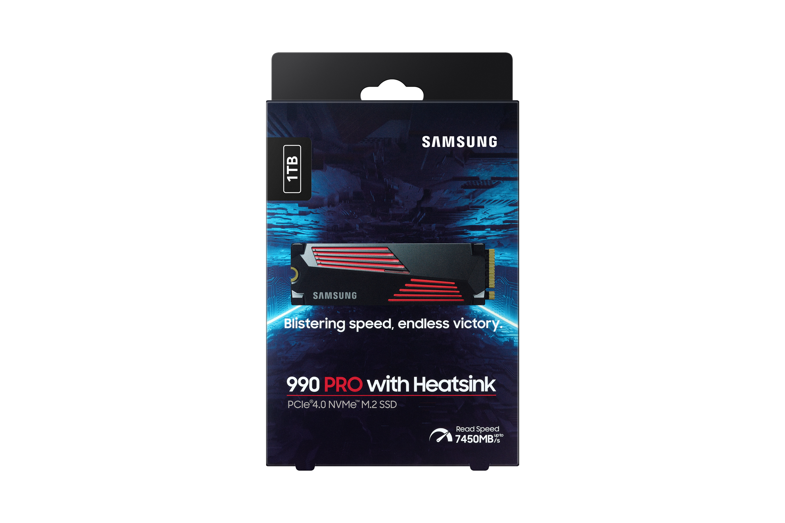 SSD en una caja. SSD negro y rojo dentro de una caja negra. La marca Samsung es visible.