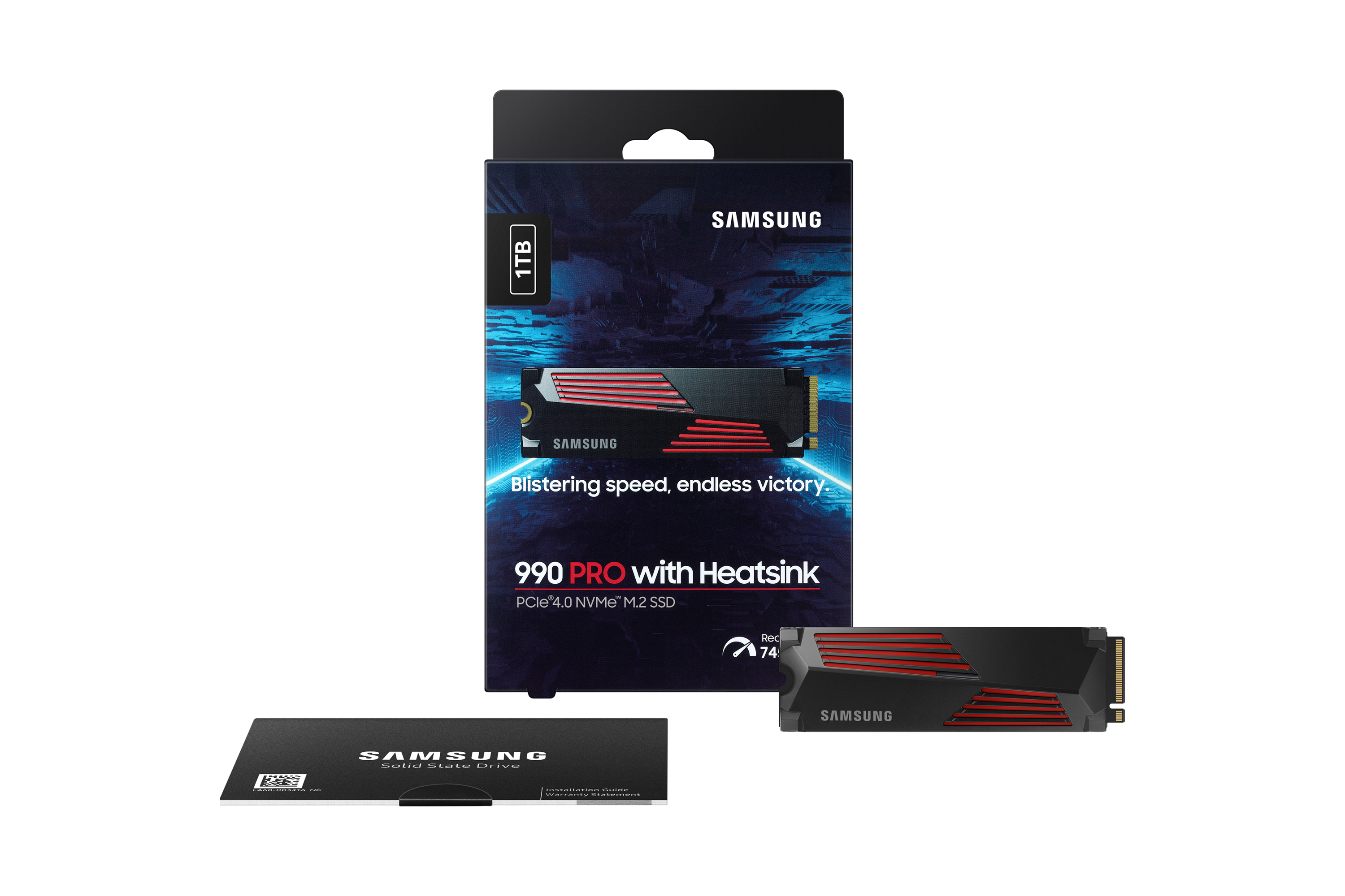 Caja de SSD con un SSD de 1TB dentro. El SSD es negro y rojo. La caja también es negra.