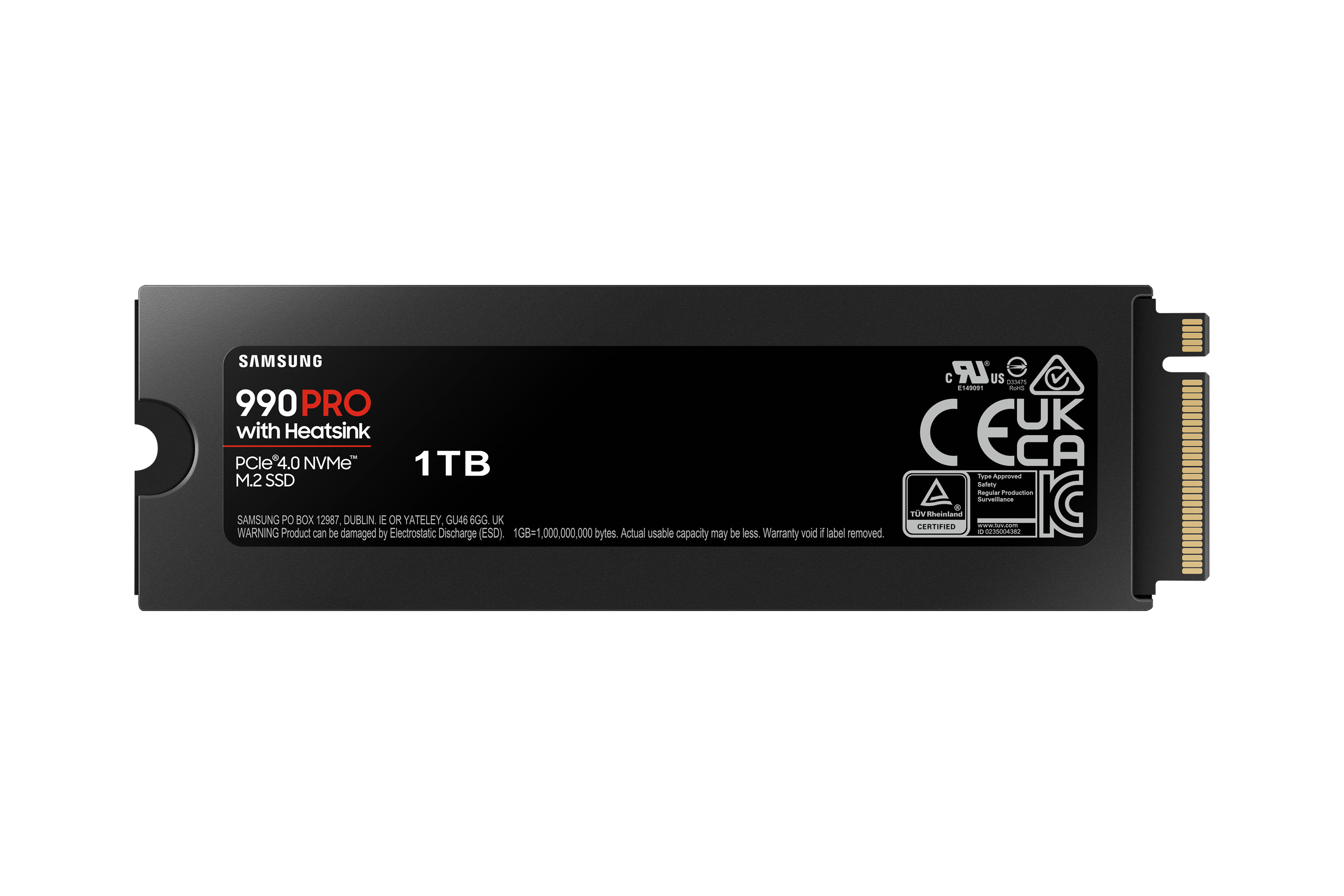 Un SSD Samsung 990 Pro negro con disipador de calor, con 1 TB de capacidad y información del producto.