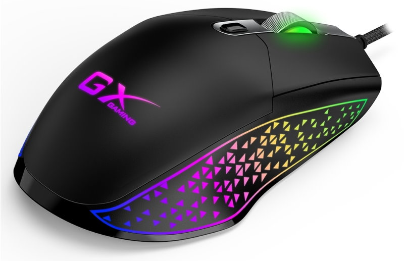 Egy fekete gaming egér színes LED-es lámpákkal.