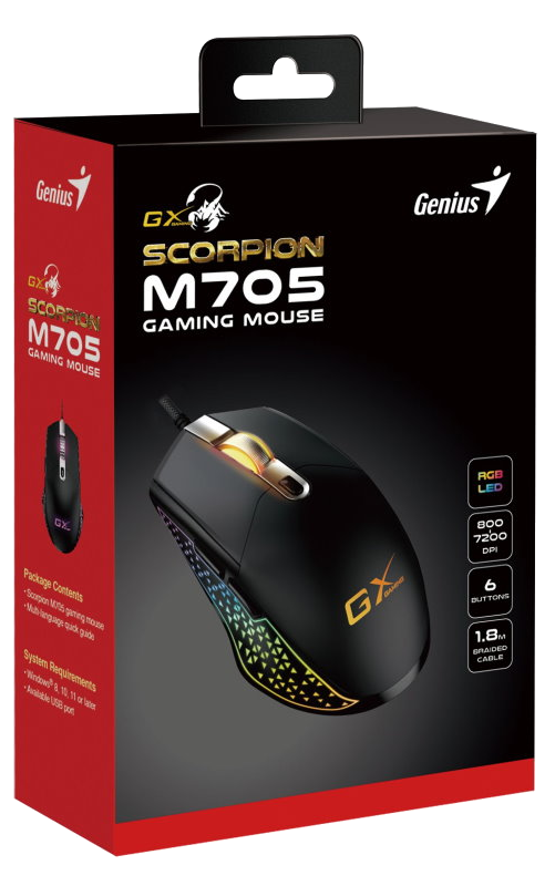 Fekete gamer egér dobozban. A dobozban RGB LED-es fényekkel és GX Gaming Scorpion M705-tel látható az egér.