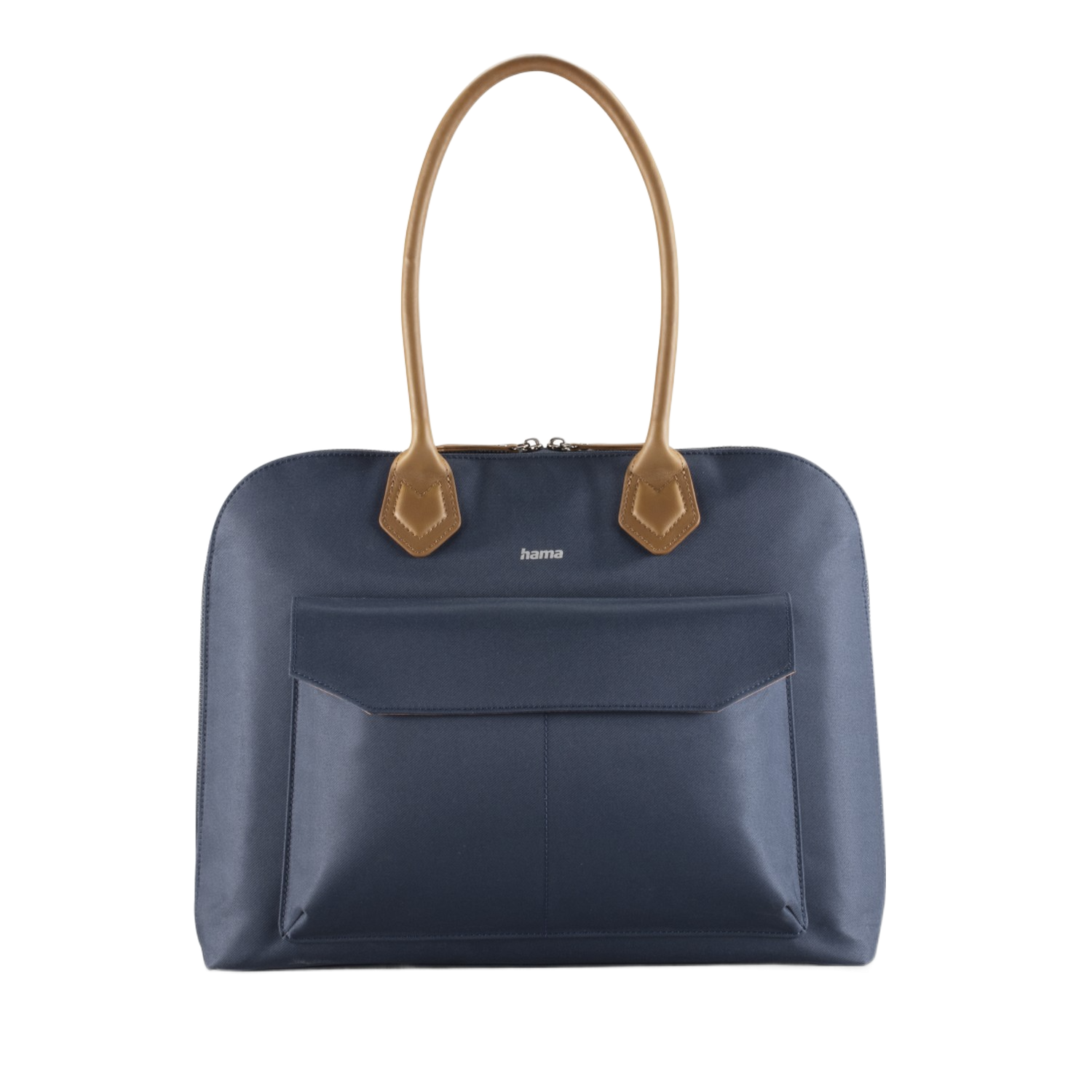 Sac fourre-tout bleu avec des poignées marron. Le sac a une poche avant, sur fond noir.