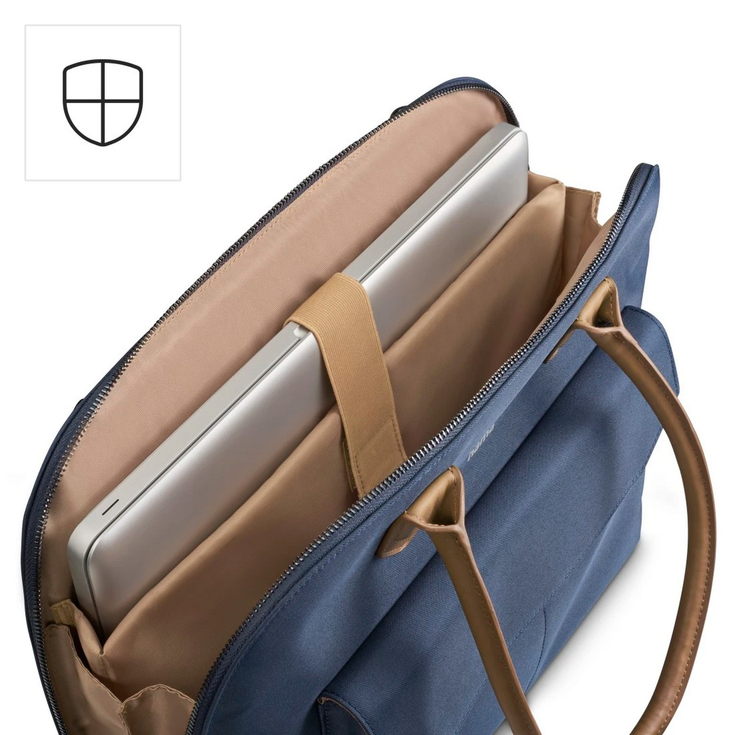 Ordinateur portable dans un sac bleu. Le sac a une poignée et une icône de bouclier.