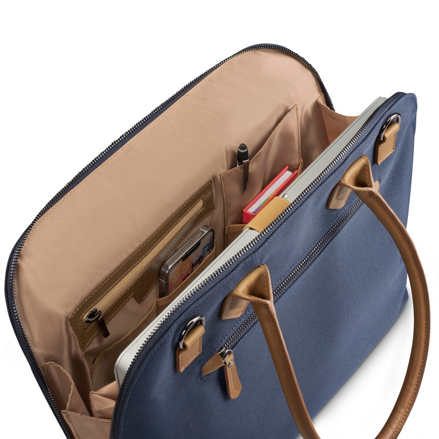 Sacoche bleue pour ordinateur portable, ouverte, révélant des compartiments.
