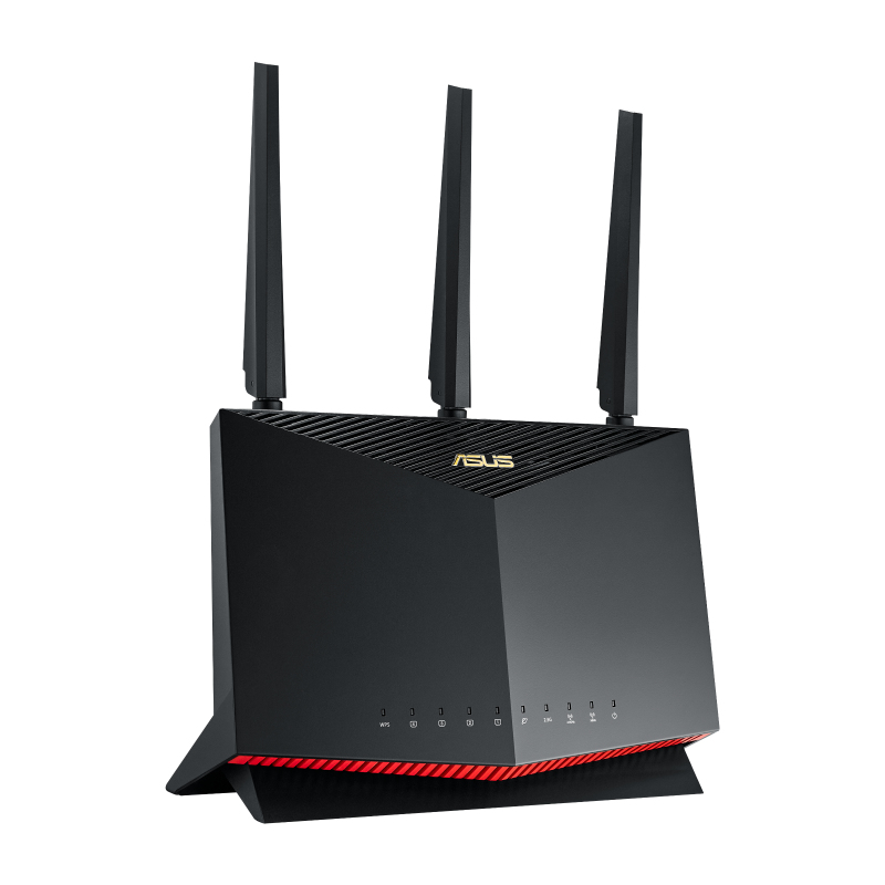 Router negro con tres antenas. Logotipo dorado de ASUS. Detalles rojos en la base. Fondo blanco.