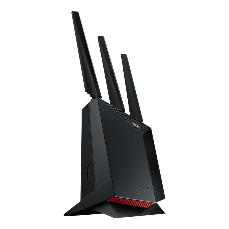 Enrutador negro con tres antenas, vista en ángulo. Acentos rojos en la base.