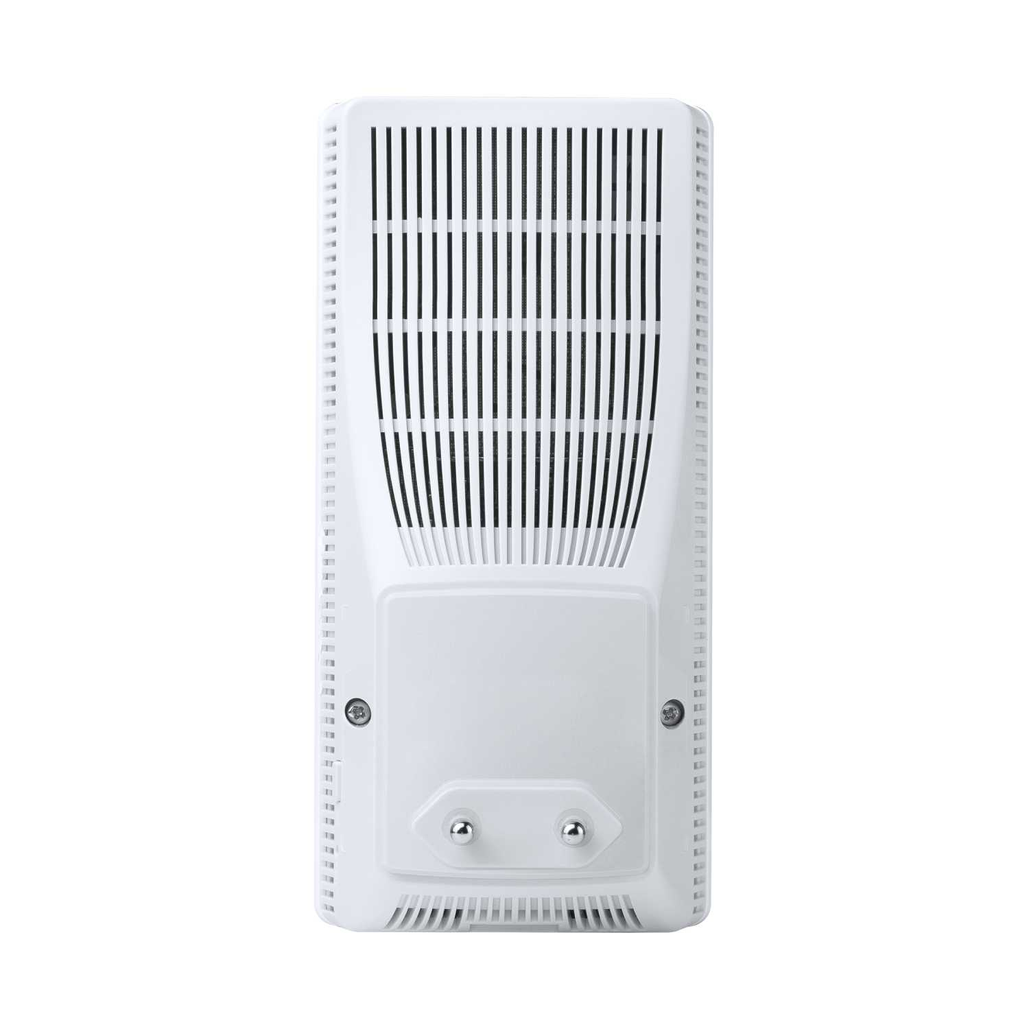 Adaptador de línea eléctrica blanco con ranuras verticales y enchufe de dos clavijas sobre fondo blanco.