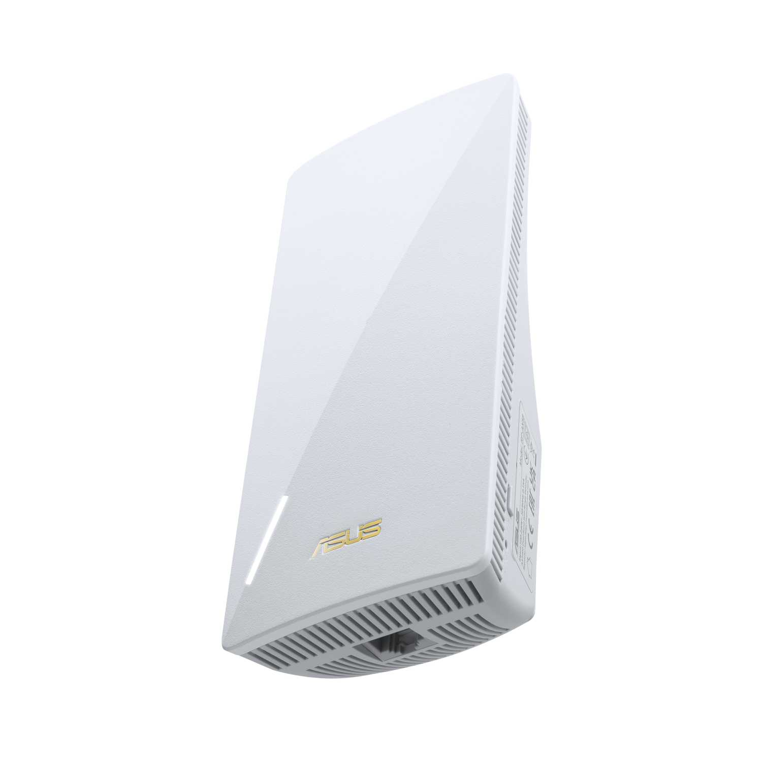 Dispositivo blanco Asus. Tiene un logotipo dorado y una ventilación en la parte inferior. Está sobre fondo blanco.