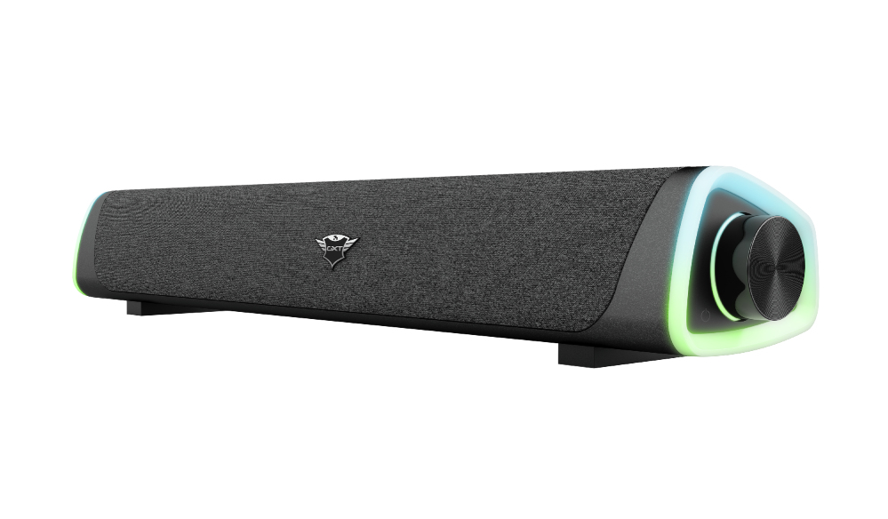 Una barra de sonido negra con cubierta de tela, un dial de volumen y luces LED de colores en los extremos.
