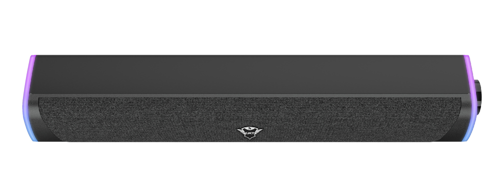 Una barra de sonido negra con una parte frontal de tela y luces LED en los extremos. Está sobre un fondo blanco.