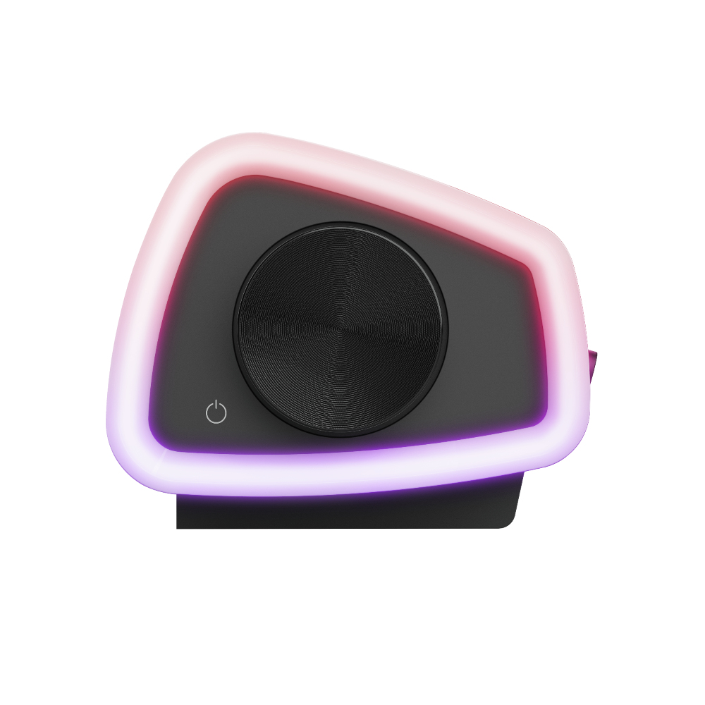 Altavoz negro con altavoz circular central y borde de luz de color.