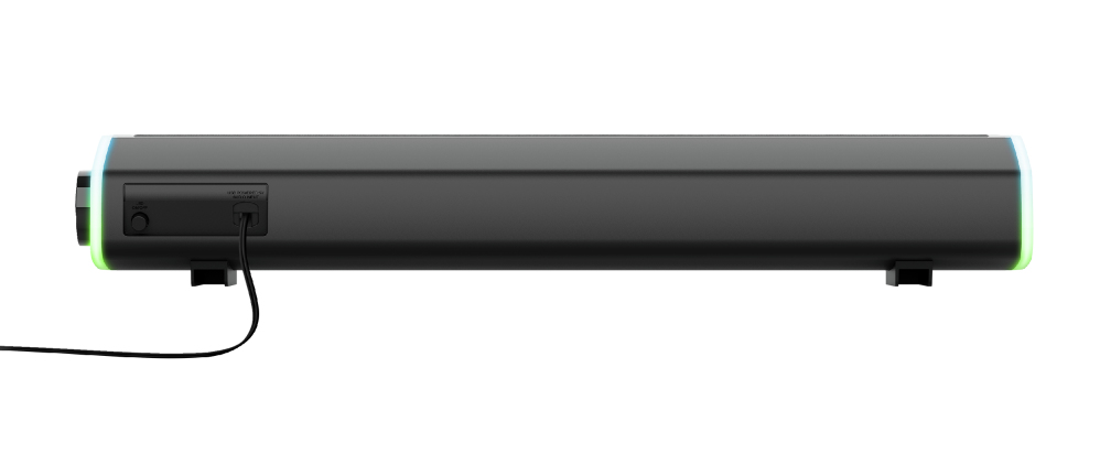 Barra de sonido negra con luces en los extremos y cable de alimentación.