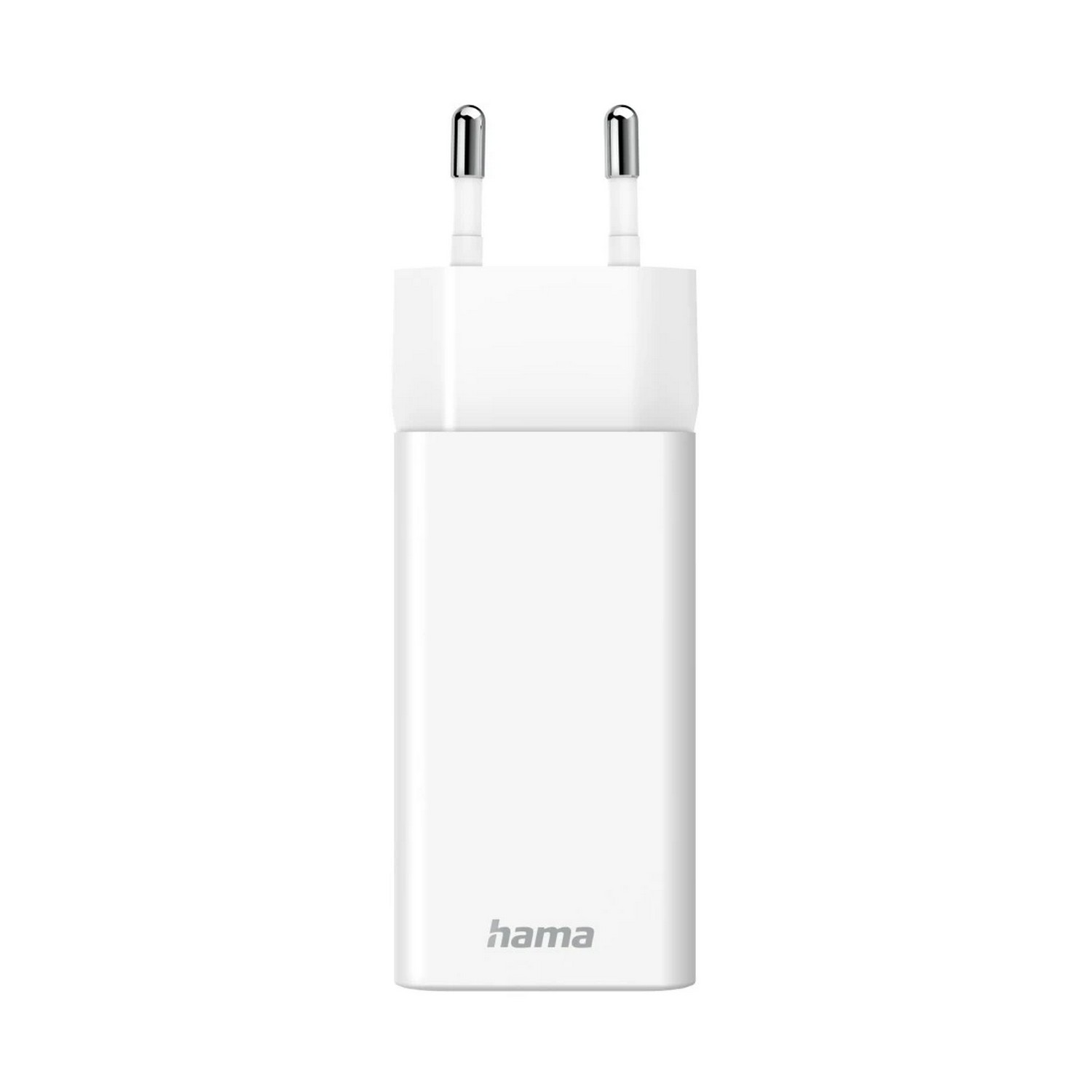 Chargeur de téléphone blanc. Deux broches visibles. Texte 'hama' imprimé en bas.
