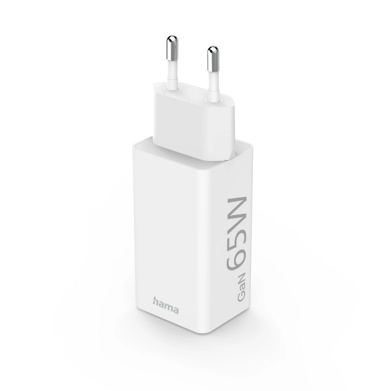 Chargeur blanc Hama GaN 65W. Il a deux broches argentées et un logo noir.
