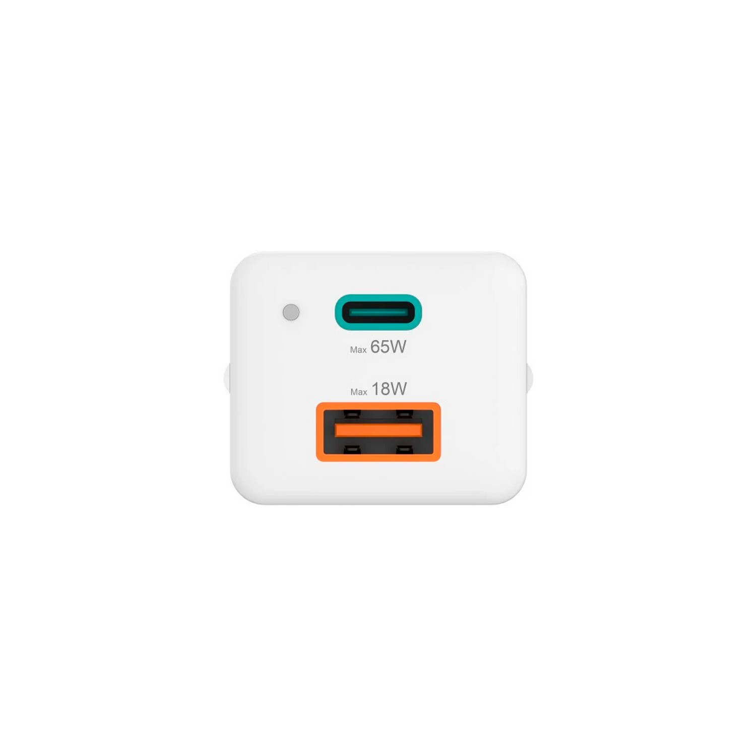 Chargeur blanc avec deux ports, un turquoise, un orange. Étiquettes Max 65W et 18W visibles.