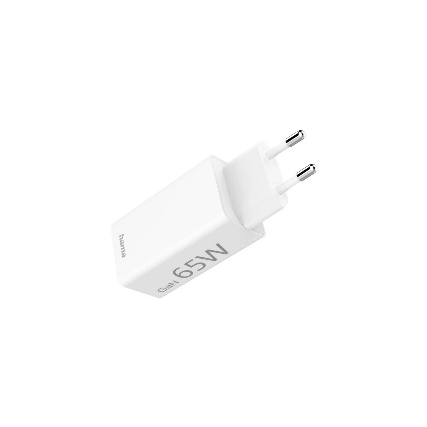 Un chargeur Hama GaN 65W blanc avec une prise européenne sur fond blanc.