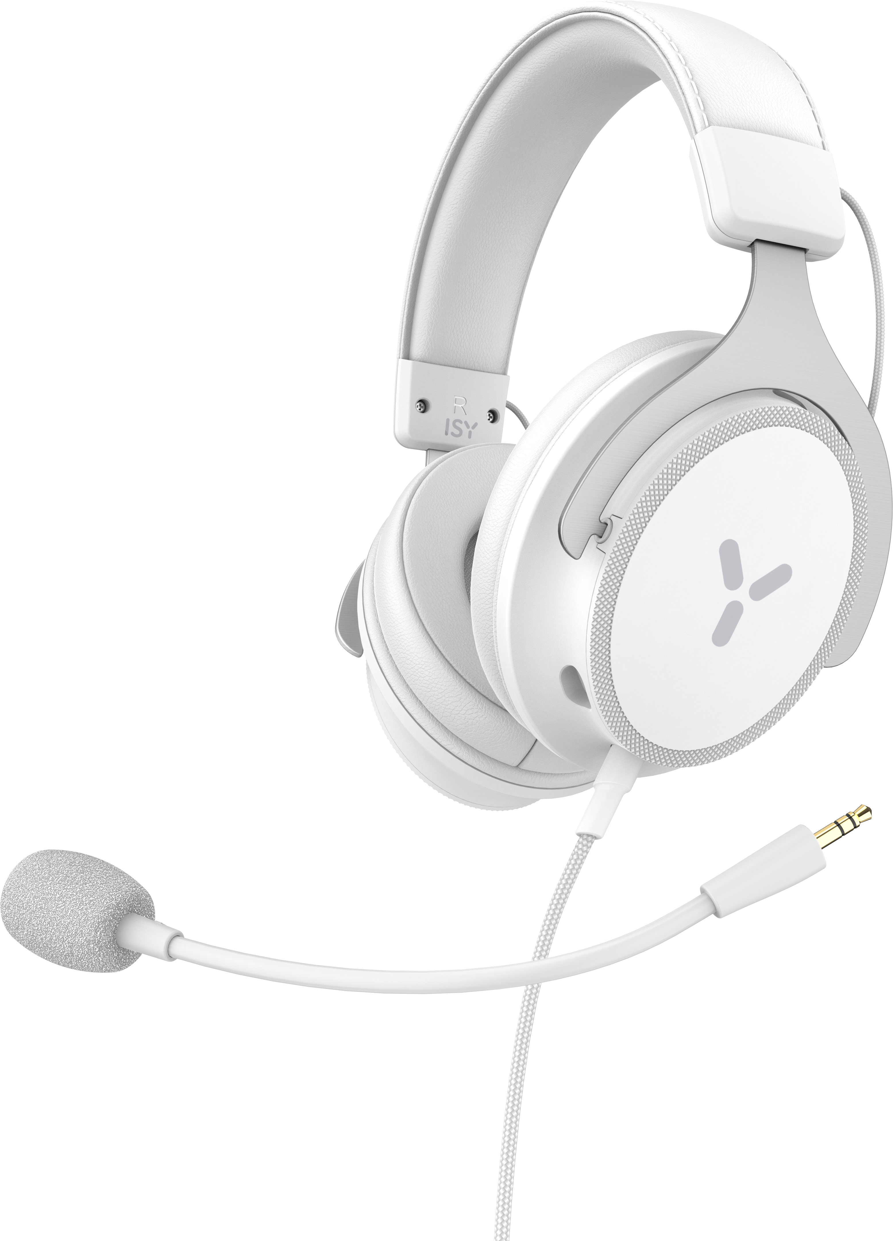 Weißes Headset mit Mikrofon. Das Headset hat ein Mikrofon und befindet sich auf schwarzem Hintergrund.