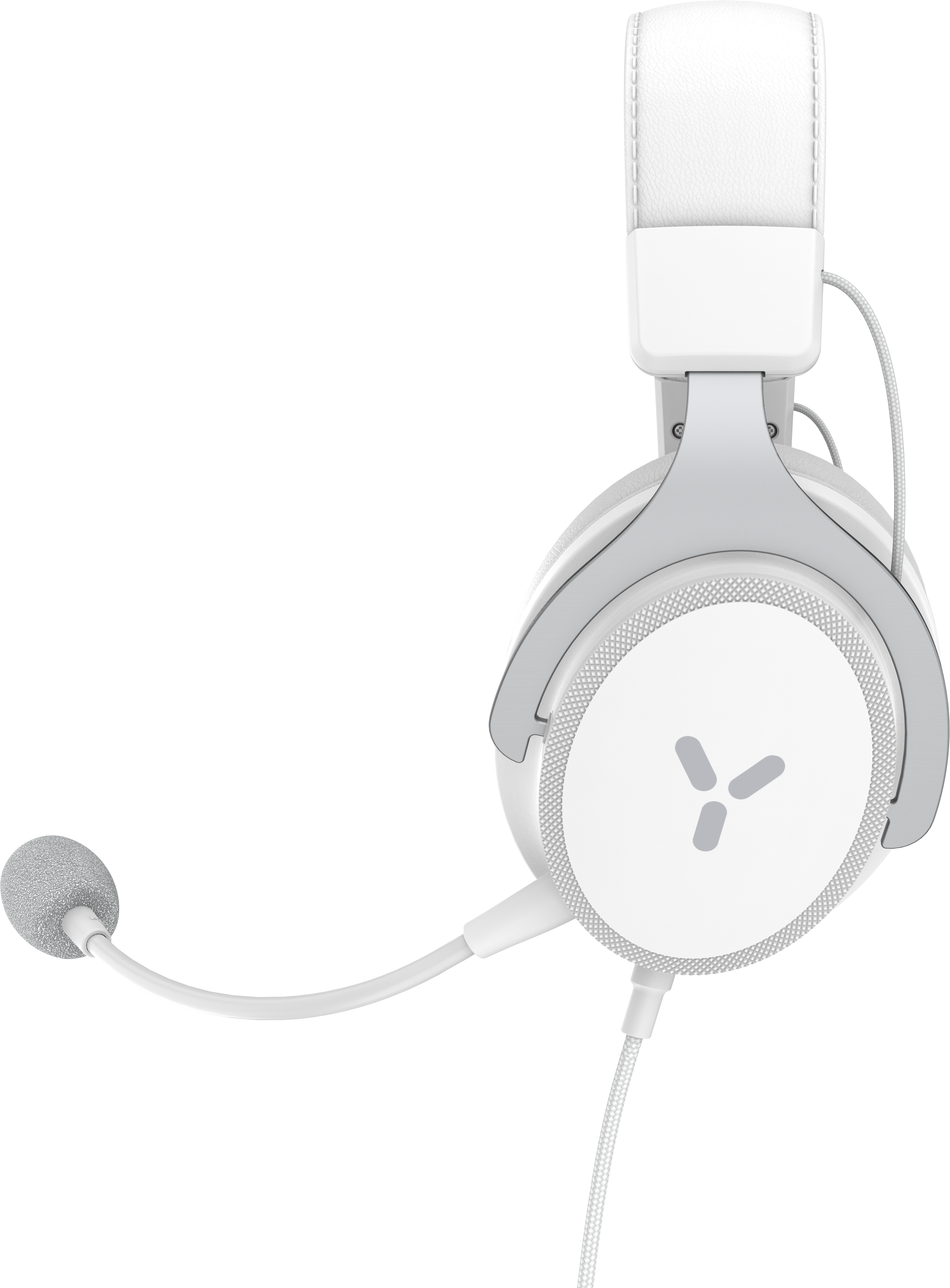 Ein weißes und graues Gaming-Headset mit Mikrofon.