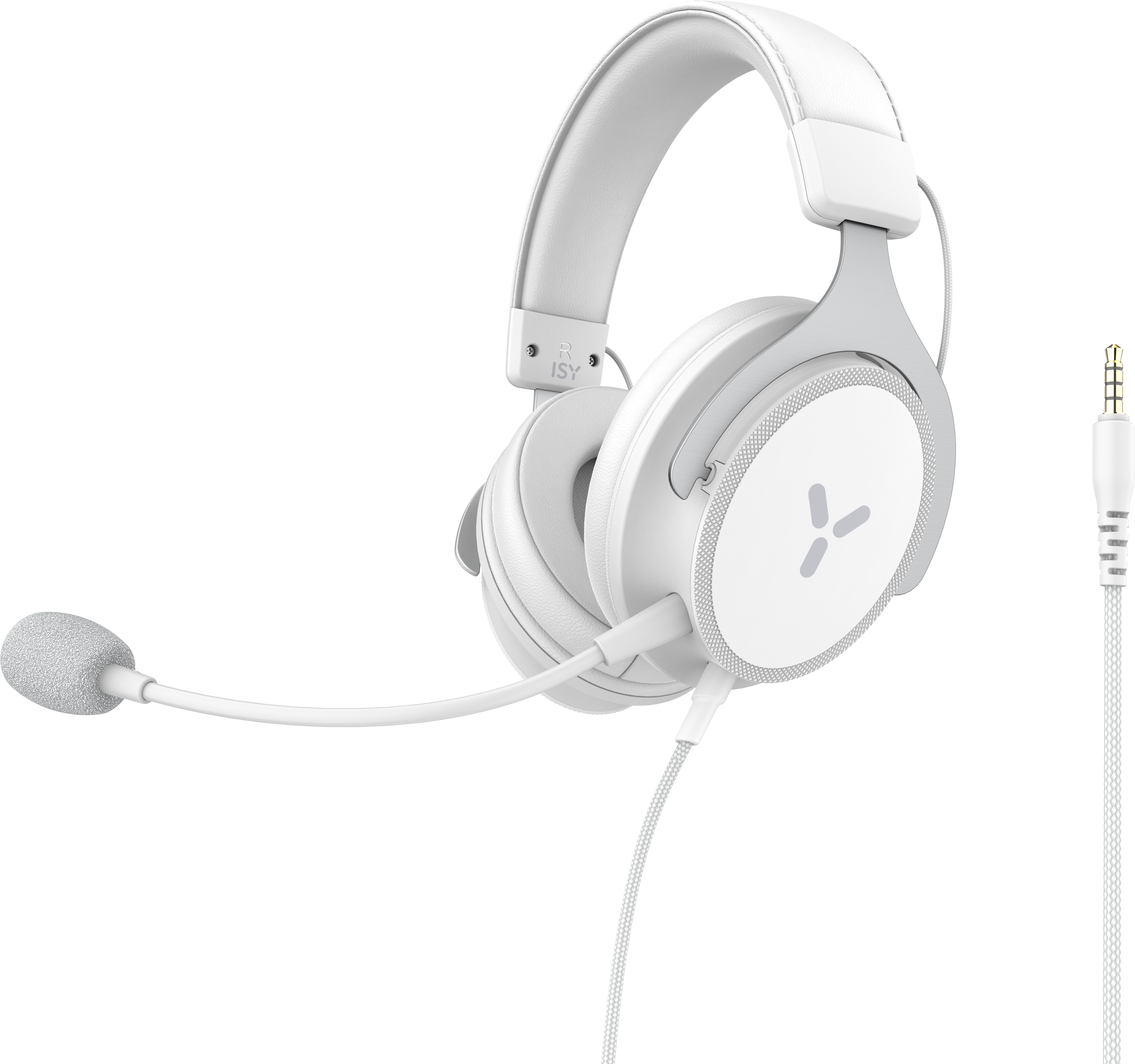 Weißer Kopfhörer mit Mikrofon. Ein Kabel mit 3,5-mm-Klinke sichtbar.