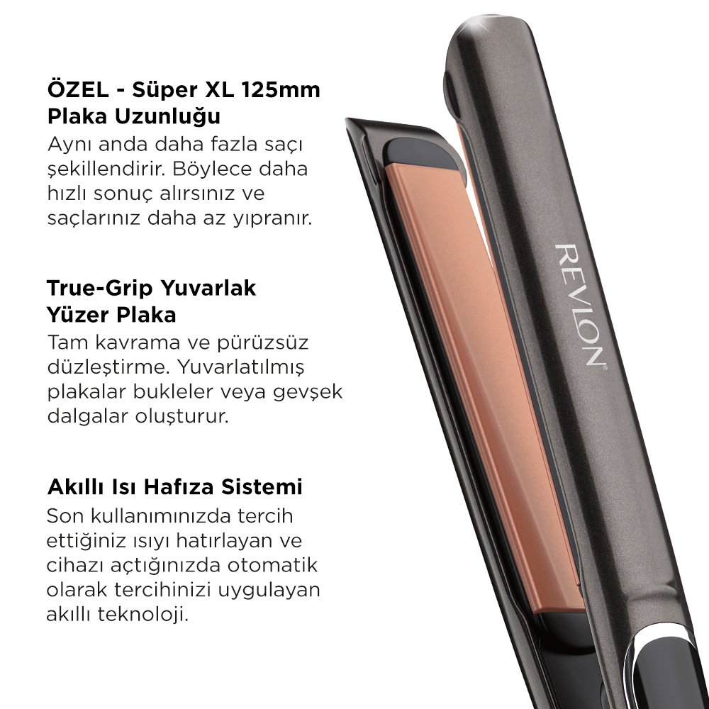 Saç düzleştirici, detaylar. Revlon markası. Bakır ve gri. Ürün üzerindeki metin.