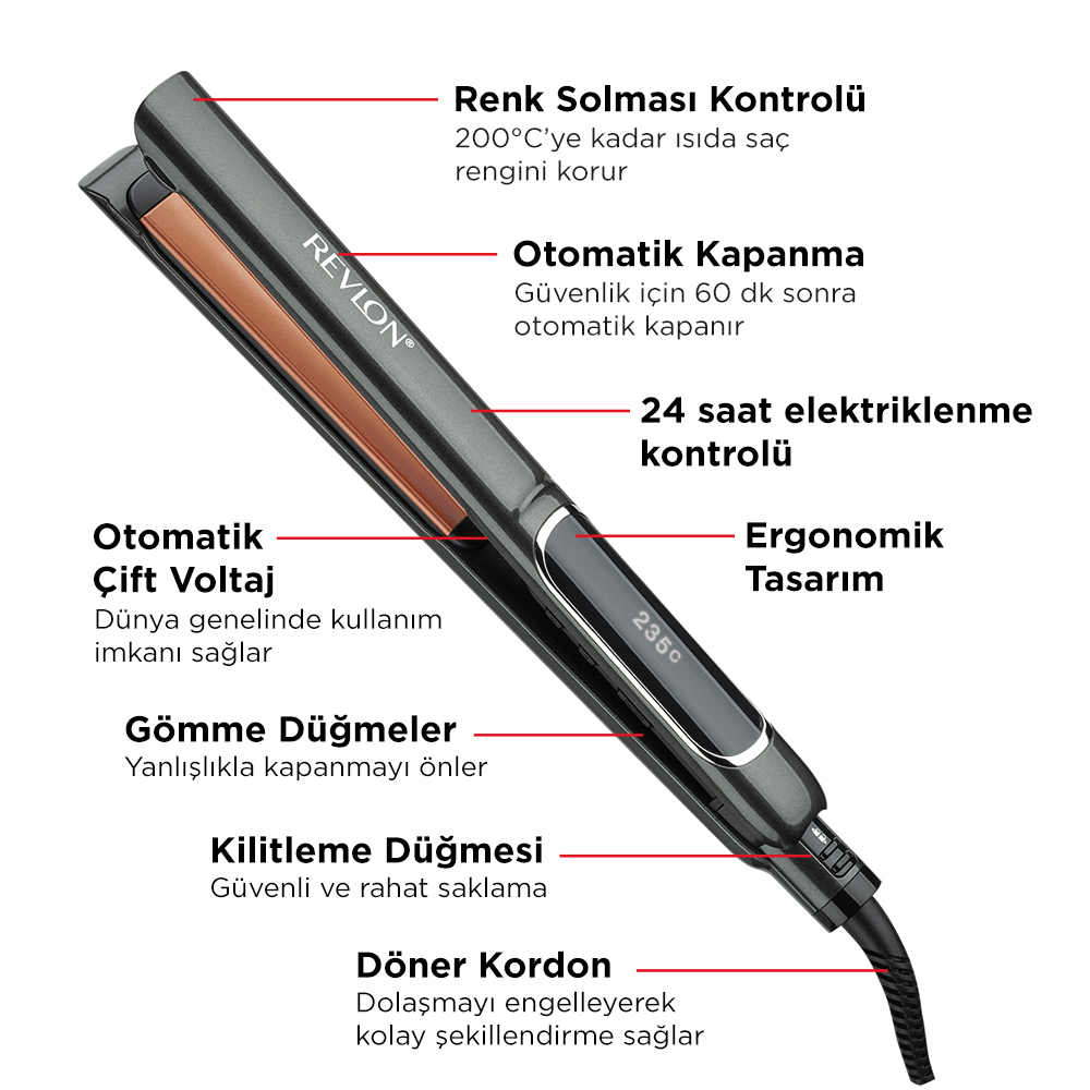 Gri Revlon saç düzleştirici. Özellikler arasında otomatik kapanma, ergonomik tasarım ve kilitleme düğmesi bulunur.