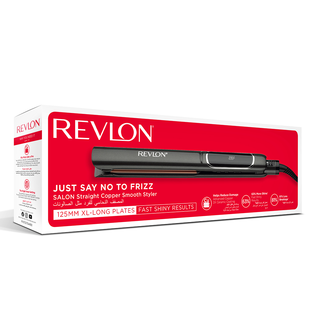 Revlon saç düzleştirici kutusu. Kutu, kırmızı renkte, siyah beyaz metinli ve düzleştiricinin bir resmi var.