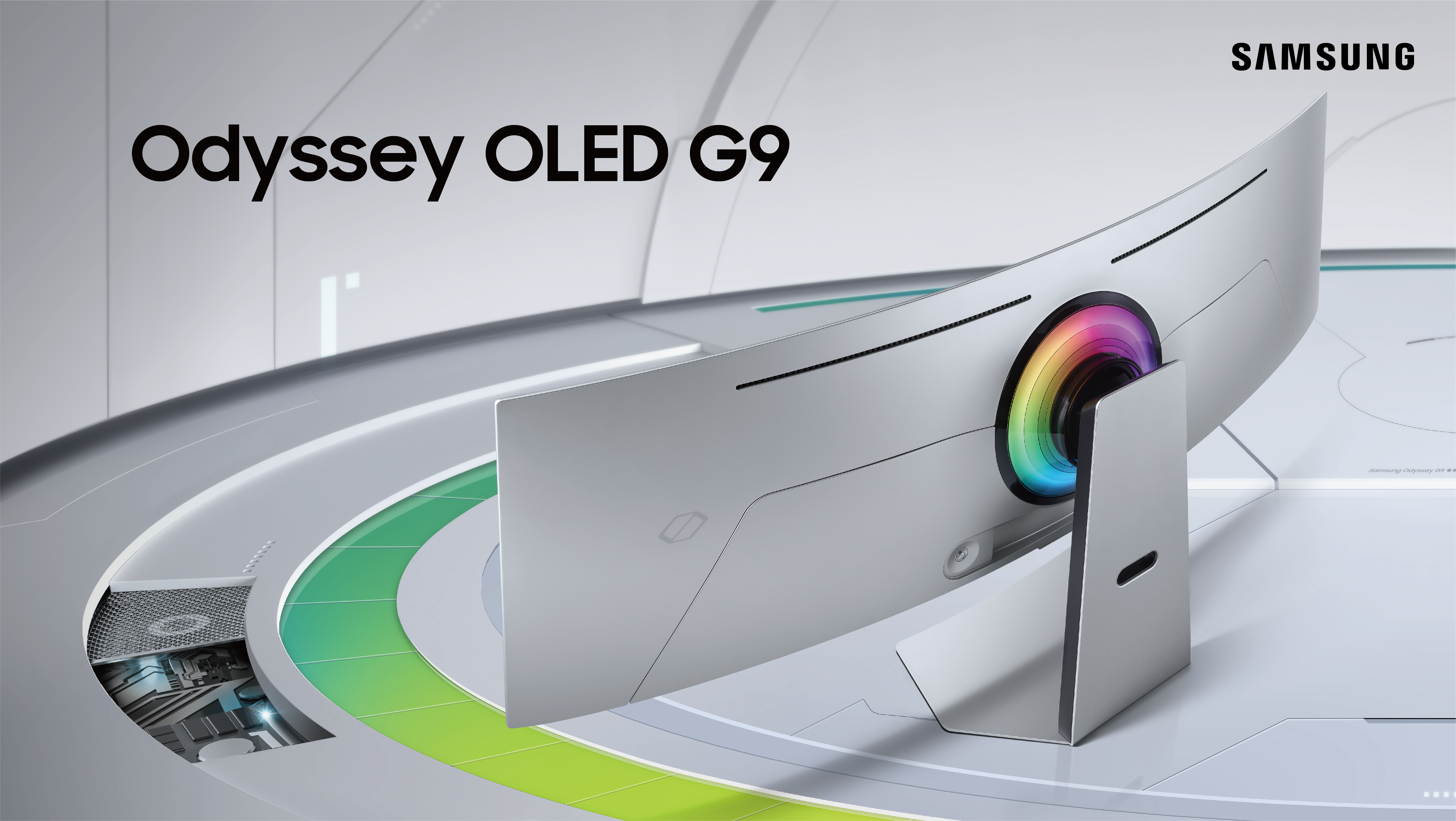Gebogener Samsung Odyssey OLED G9 Monitor mit bunten Lichtern.