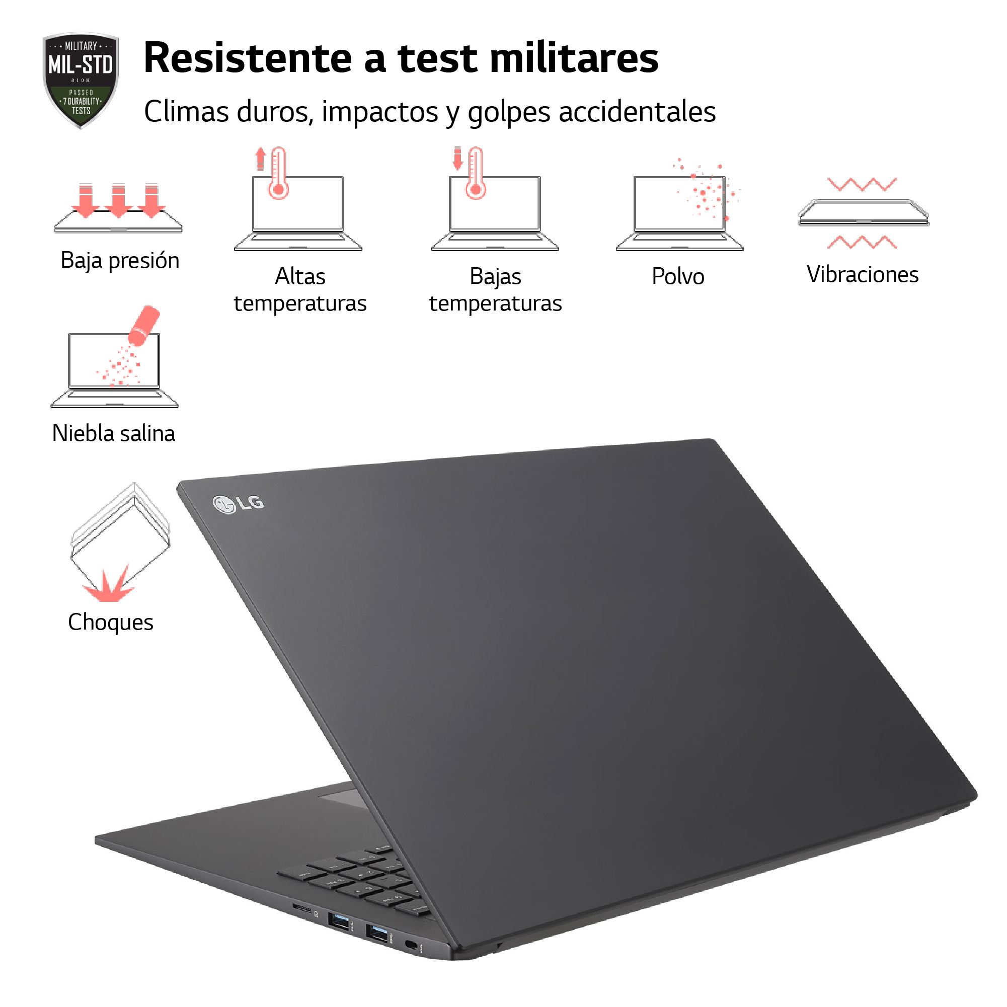 Portátil con diagramas que ilustran pruebas de durabilidad; negro, abierto sobre fondo blanco.