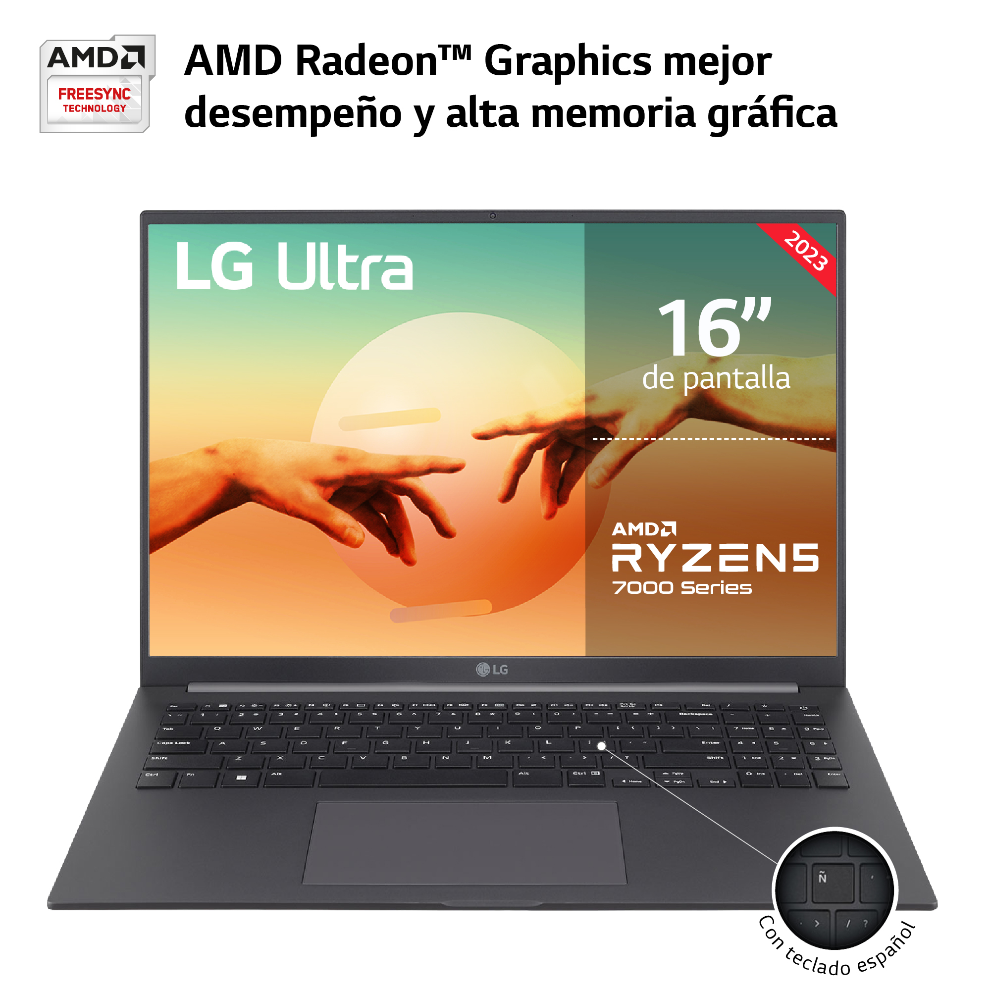 Portátil LG Ultra con procesador AMD Ryzen, pantalla de 16 pulgadas.