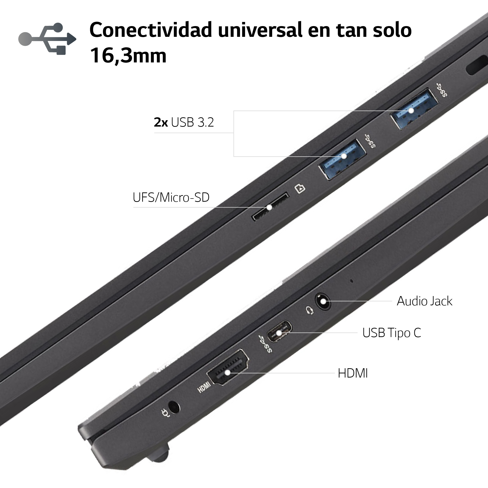 Primer plano de los puertos de un portátil. USB, HDMI, conector de audio y ranura Micro-SD.