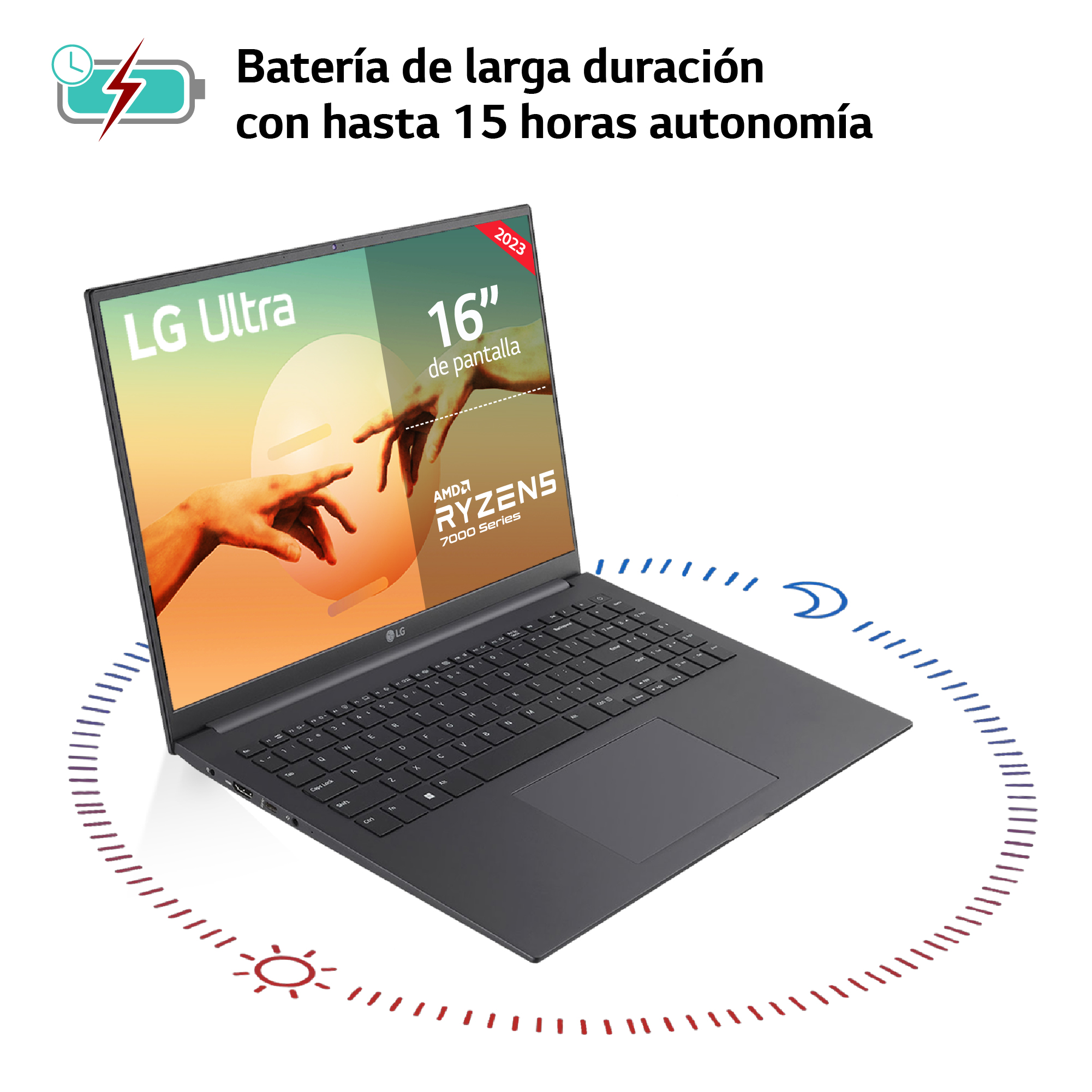Ordenador portátil con una pantalla grande que muestra una imagen. Está rodeado de texto y un icono de batería.